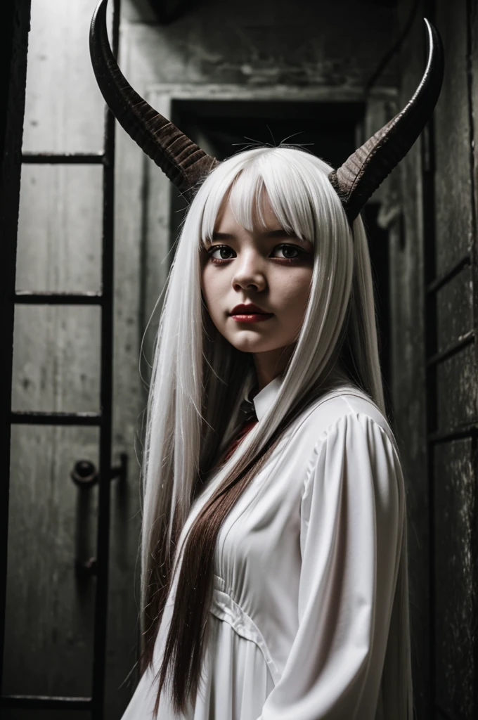 A demon with goat horns, with fangs and red eyes on the side a girl in a white dress with straight hair in a dark place