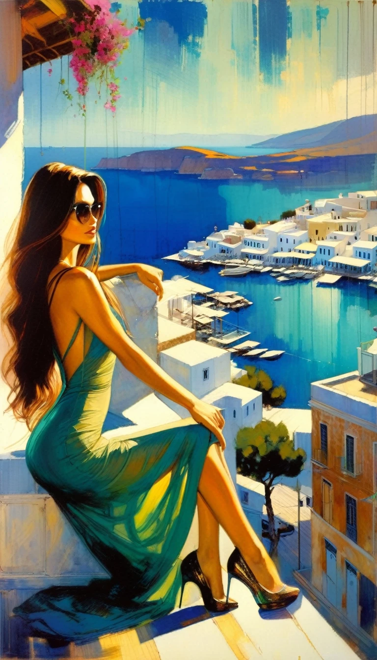 very sexy girl with long hair, wearing an elegant and sexy dress, sitting on a terrace, overlooking the sea of ​​a typical Greek town.1.5, (art inspired in Bill Sienkiewicz). oil painting)