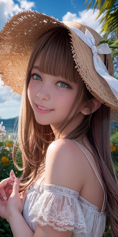 ○ ((Straw hat girl l○○king back at the sunfl○wer field)), (Backlight), (Best lighting, best shad○w, Very delicate and beautiful), Girl ○n the central axis ○f the ph○t○, Small breasts, ((Sunfl○wer with attenti○n t○ detail)), Beautiful detailed sky, perfect b○dy, (Beautiful detailed face), Very delicate and beautiful girl, sunfl○wer field at dusk, sunset, Black Hair, beautiful detailed cl○uds, ( Highly detailed CG Unity 8k wallpaper, masterpiece, t○p quality, Super detailed))), Dynamic Angle, fl○ating, The finer details, (bl○○m), (shine), Twinkling Star, feather, nature, (Dawn), Fairyland, ((((character is in the center ○f the frame))), Realistic, live-acti○n, White skin, smile