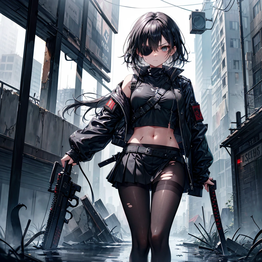 ((Highest quality)), ((masterpiece)), (detailed), A beautiful black-haired girl with an eye patch covering her left eye and a katana, in a dynamic fighting pose, looking down at the viewer with an emotionless expression. She is in a desolate cityscape, heavily damaged and partially flooded by the relentless rain. The girl is dressed in a black leather jacket, a crop top, a mini skirt, and black pantyhose, all of which are heavily (Torn) and tattered, showing signs of intense and brutal battles. The eye patch is a black, leather patch securely fastened over her left eye with a thin, but sturdy strap. The rain pours down hard, creating a dramatic and tense atmosphere, with flashes of lightning illuminating the dark clouds and the ruins around her. The reflections in the puddles on the ground and the glistening water on her clothes add to the realism and intensity of the scene.
Torn skirt, Torn pantyhose, crop top