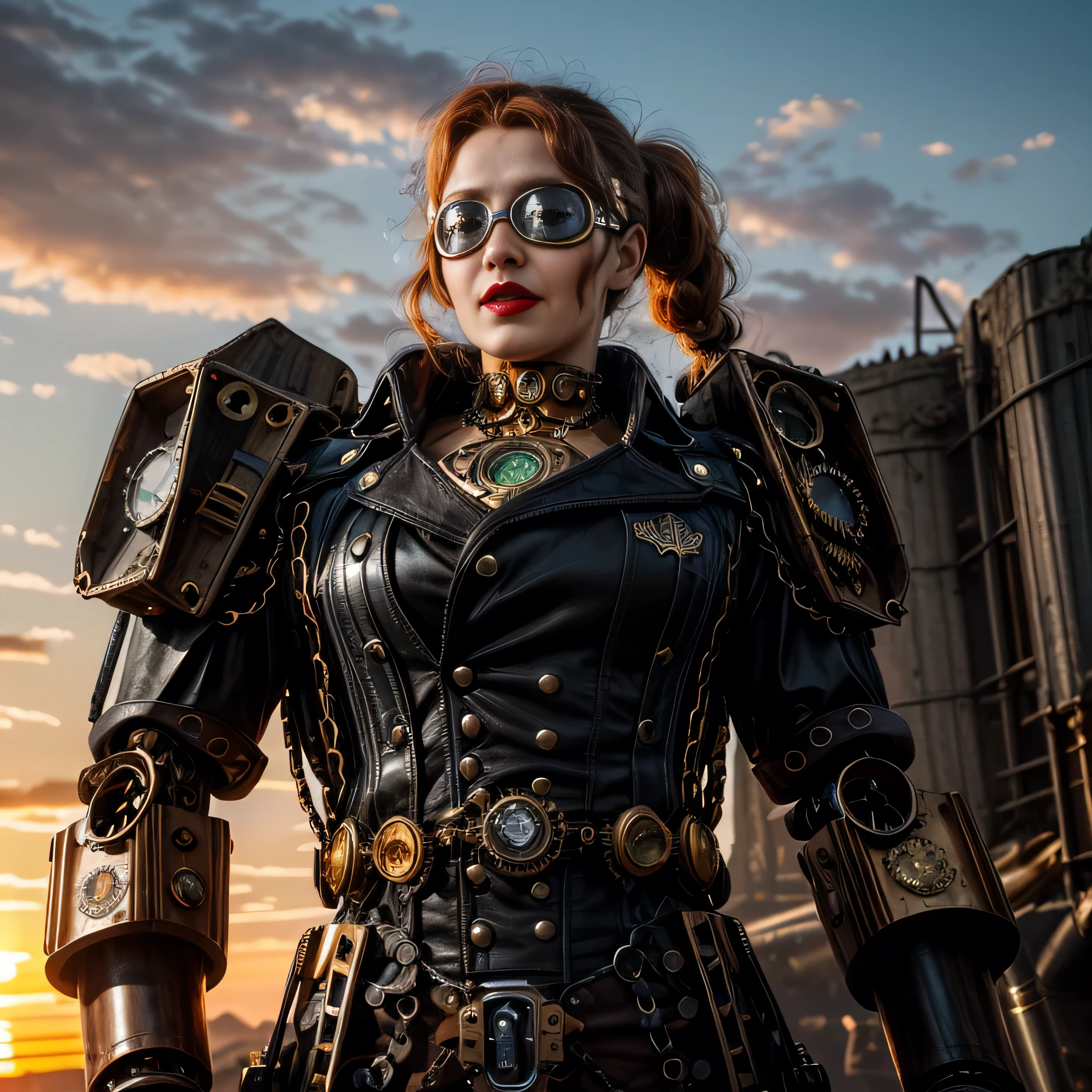 ((masterpiece, photorealistic:1.4, extremely intricate:1.3, photon mapping, radiosity, physically based rendering, ultra resolution, hyper-realistic, photorealistic:1.4, hyper-realistic, 8K)), ((((athletic female midbody, long pigtails windy [blonde hair:bright ginger hair:0.4], (([flat chest:medium breasts:0.8])), ((makeup:1.2, perfectchainmail, gold steampunk, black jacket), red lips, bright sunlight, sunset, silk shirt)), steampunk pilot flying goggles, lenses))), outdoors, metal reflections, ((((futuristic apocalyptic city destroyed)))), professional photograph, soft focus, dramatic, award winning, cinematic lighting, volumetrics dtx, (film grain, blurry background, blurry foreground, bokeh, depth of field), BREAK; BREAK, (((faraway black mecha Battlemech Dreadnaught Titan)))
