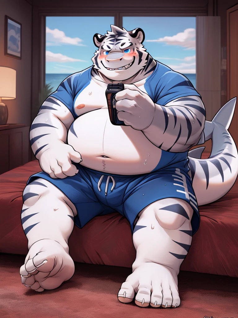 (New Jersey 5) anthro, White Tiger ,Chubby,Fat,Thick arms,) Rugged muscles,(((White skin))),Solitary,Chubby Face,Sky blue eyes,(sweat),(smirk:1.2),(White Tiger is blushing as he sniffs Other Shark's big feet)
BREAK
(anthro Other Shark, smirk),(no t-shirt),(swim trunks),(Other Shark is sitting on the bed blushing enjoying White Tiger sniffing his feet),(Bedroom night),(panorama:1.2),