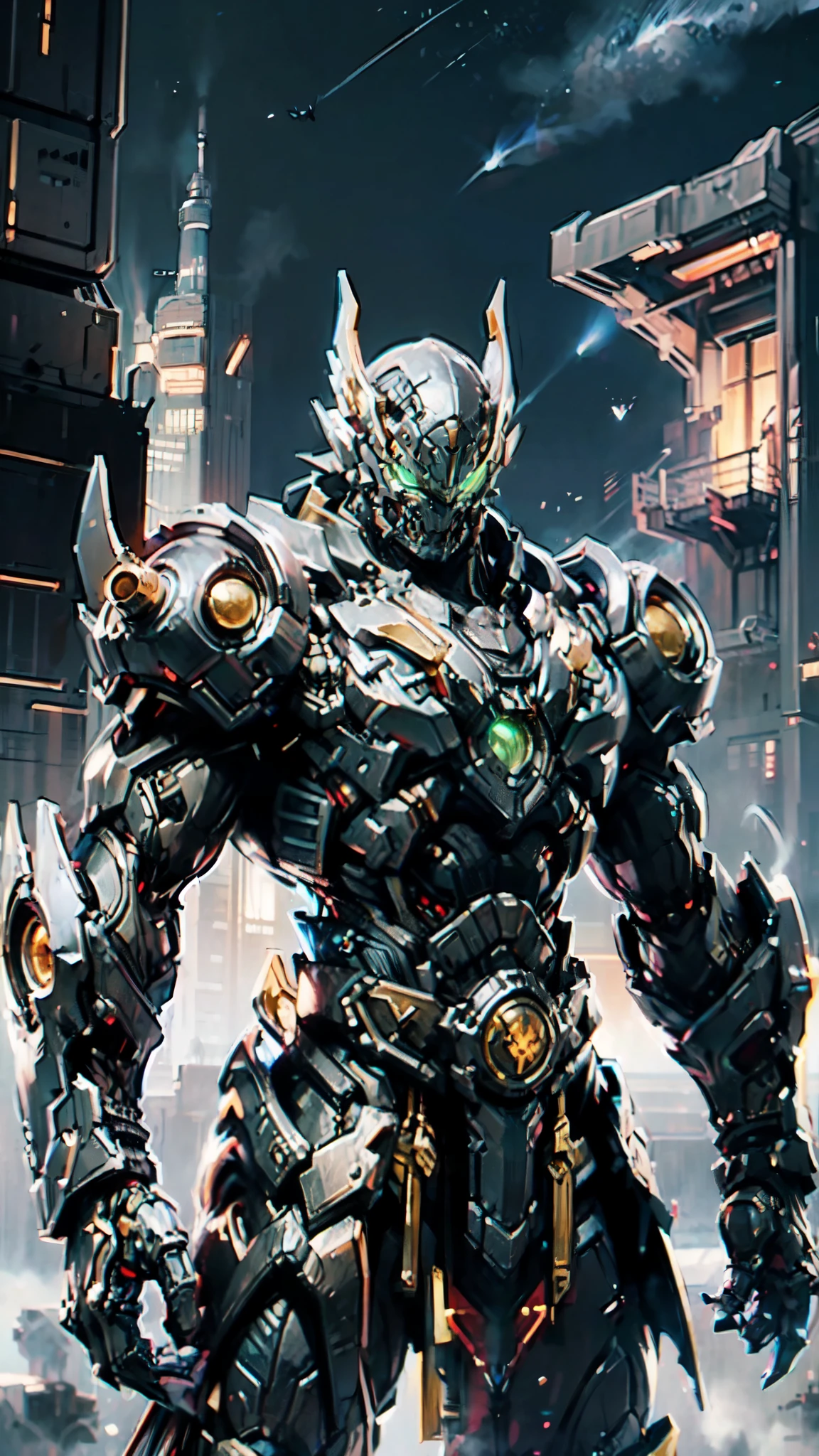 (masterpiece:1.5, best quality:1.5, extremely delicate:1.5, perspective:1.5, foreshortening:1.5, dynamic angle:1.5), a man wearing a full-face helmet, a fantasy-style biotech armored combat suit, green eyes, (a composite layered chest armor), fully enclosed shoulder guards, matching arm and leg guards, the belt is adorned with fangs biting into orbs, (the color scheme is primarily black with red accents), the design balances heavy with agility, a high-tech bio-mecha armor, (Armor Concept Inspired by Bat, stand on the top of a skyscraper in a futuristic sci-fi city), this character embodies a finely crafted fantasy-surreal style armored hero in anime style, exquisite and mature manga art style, (element, plasma, energy, the armor glows), ((male:1.5)), metallic, high definition, highres, ultra-detailed, ultra-fine painting, professional, perfect body proportions, golden ratio, anatomically correct, symmetrical face, extremely detailed eyes and face, high quality eyes, creativity, RAW photo, UHD, 32k, Natural light, cinematic lighting, masterpiece-anatomy-perfect