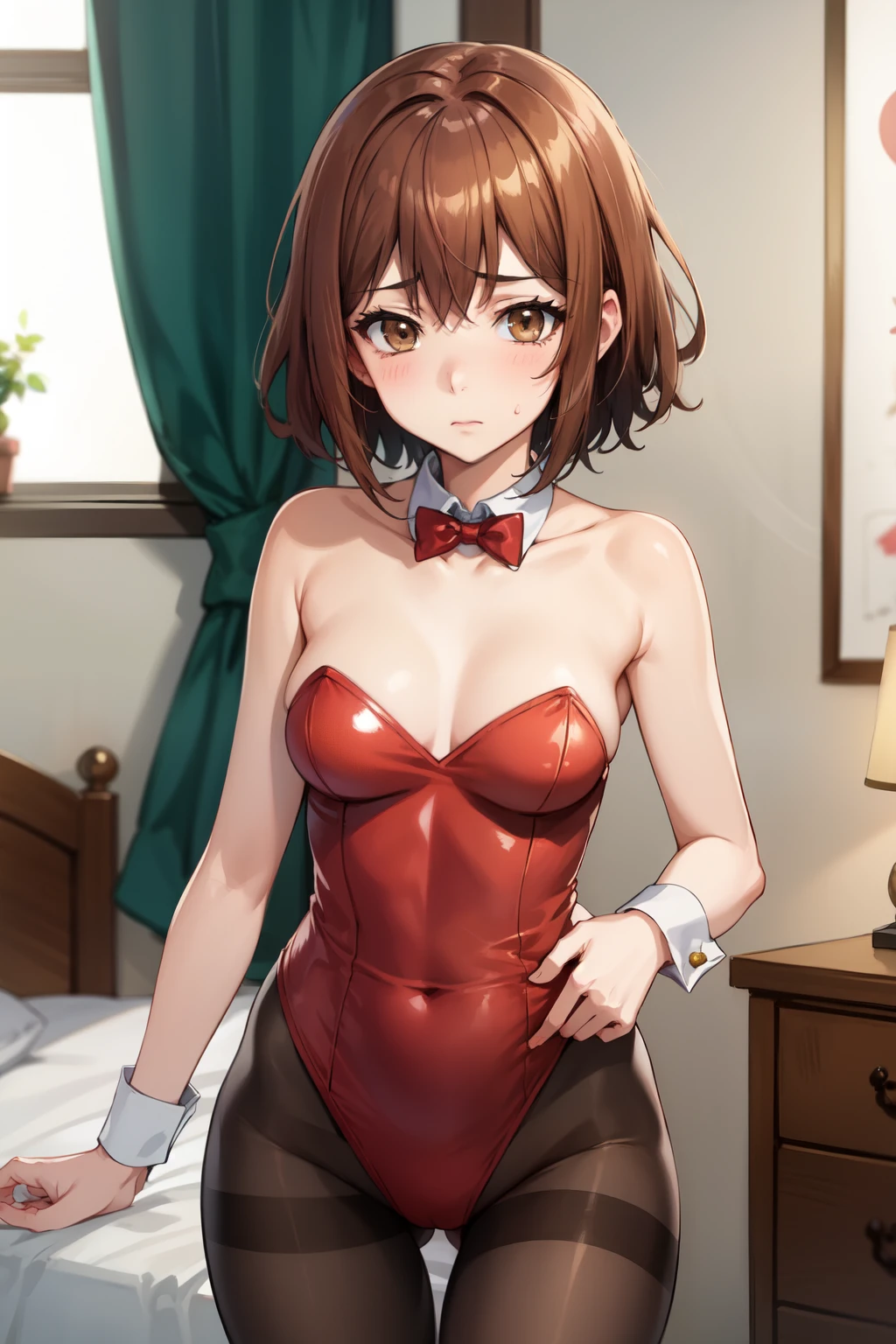 Highest quality, (masterpiece:1.2), Very detailed, 
One girl, alone,
View your viewers, Embarrassed expression, Medium chest, 
Brown eyes, Brown Hair, short hair, Bunny girl、leotard、pantyhose、Bedroom