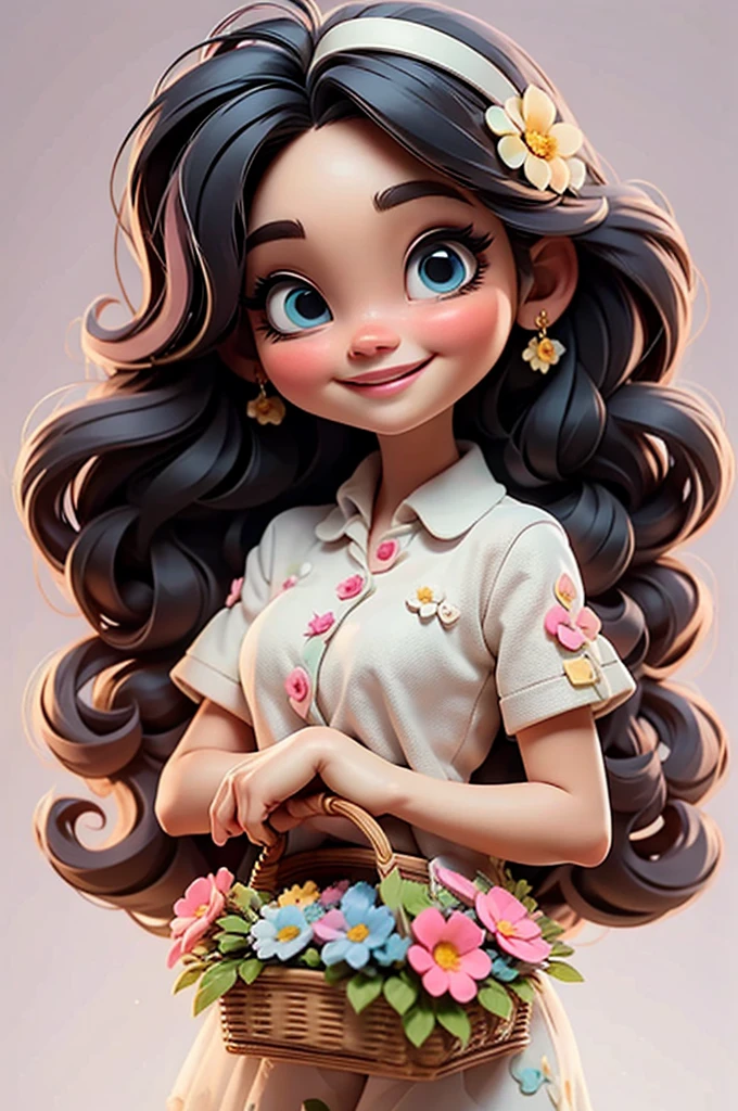 imagem de alta qualidade de uma boneca chibi Megan Fox: boneca chibi ,illustration,detalhes delicados,Pose encantadora,lovely expression,cores suaves,roupa bonita,cabelos intrincados,beautiful eyes and lips,melhor qualidade,ultra-detalhado,fotorrealista,vivid colors, solid background, profesional lighting, girly accessories, espressiva, headband flowers, blue eyes, ombre hair, long hair, basket of flowers in hands, lovely pose, black eyes, wearing a fairy outfit pastel colors glitter,, pink, and soft purple, exuberant, perfect, centered in the photo with a white background, nitid, fairy vibes, standing, pink flat shoes, vibrant, white background, black hair, hair blonde, black hair,happy, smiling, happy, smiling, smile