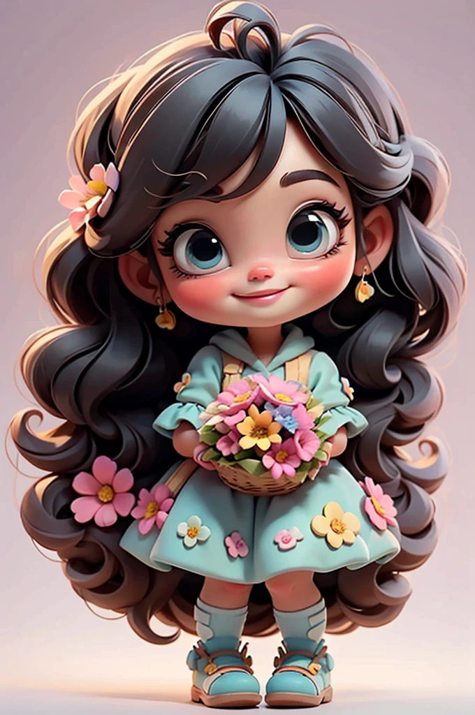 imagem de alta qualidade de uma boneca chibi Megan Fox: boneca chibi ,illustration,detalhes delicados,Pose encantadora,lovely expression,cores suaves,roupa bonita,cabelos intrincados,beautiful eyes and lips,melhor qualidade,ultra-detalhado,fotorrealista,vivid colors, solid background, profesional lighting, girly accessories, espressiva, headband flowers, blue eyes, ombre hair, long hair, basket of flowers in hands, lovely pose, black eyes, wearing a fairy outfit pastel colors glitter,, pink, and soft purple, exuberant, perfect, centered in the photo with a white background, nitid, fairy vibes, standing, pink flat shoes, vibrant, white background, black hair, hair blonde, black hair,happy, smiling, happy, smiling, smile