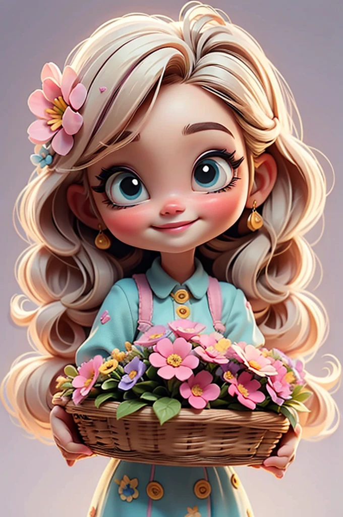 imagem de alta qualidade de uma boneca chibi Megan Fox: boneca chibi ,illustration,detalhes delicados,Pose encantadora,lovely expression,cores suaves,roupa bonita,cabelos intrincados,beautiful eyes and lips,melhor qualidade,ultra-detalhado,fotorrealista,vivid colors, solid background, profesional lighting, girly accessories, espressiva, headband flowers, blue eyes, ombre hair, long hair, basket of flowers in hands, lovely pose, black eyes, wearing a fairy outfit pastel colors glitter,, pink, and soft purple, exuberant, perfect, centered in the photo with a white background, nitid, fairy vibes, standing, pink flat shoes, vibrant, white background, black hair, hair blonde, black hair,happy, smiling, happy, smiling, smile