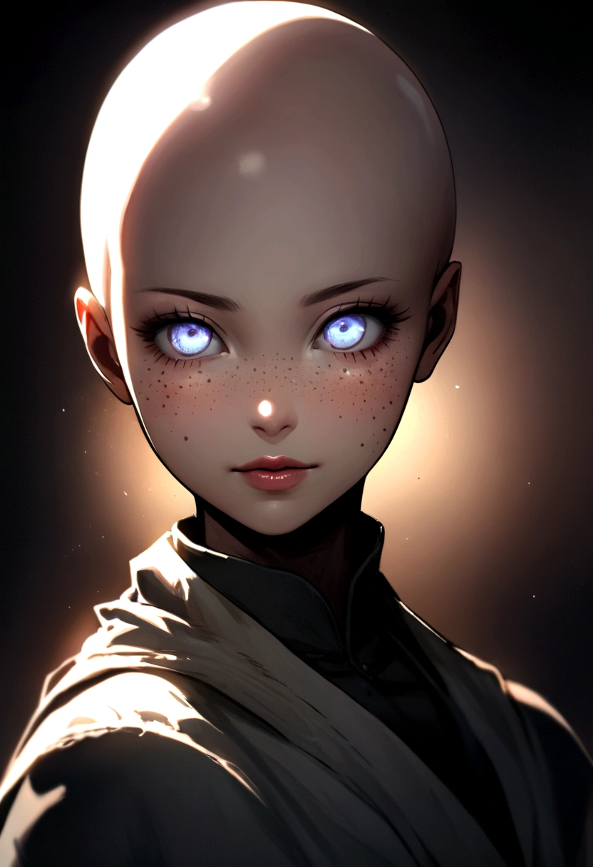  photo of a bald European woman with a distinctive mole on her right cheek and scattered freckles across her face. She has dark, evasive eyes that seem to look away from the viewer, adding a mysterious aura to her expression. The background is blurred to emphasize her intriguing and somewhat elusive demeanor. The lighting is soft and natural, highlighting the unique texture of her skin and the subtle interplay of shadows on her face