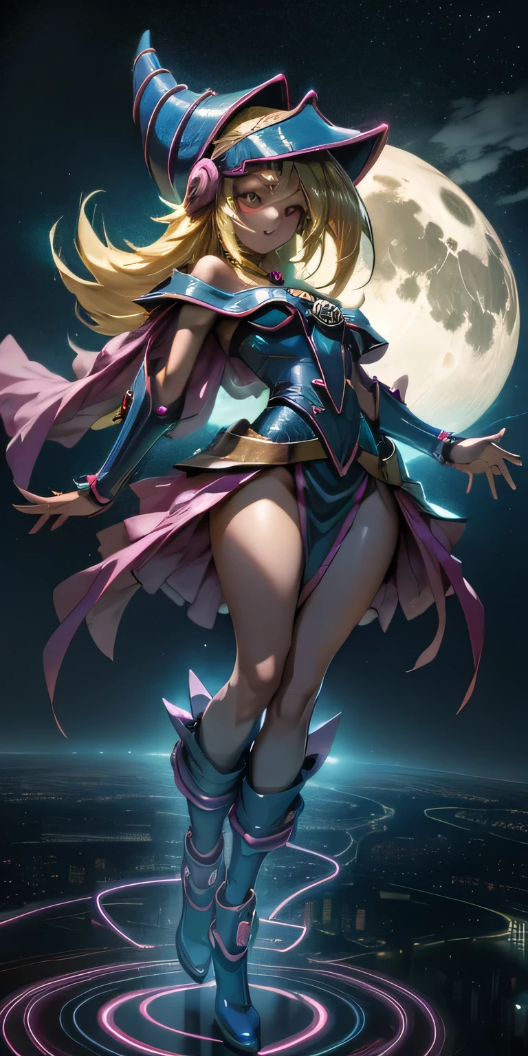 Beautiful woman dark magician girl ( neon cyberpunk ), The neon sings, neon lighting, RTX dark magician girl lighting up flying in the air. Above the city at midnight. full moon. skies of stars. Dark magician flying girl with big breasts and big hips, small waist, beautiful