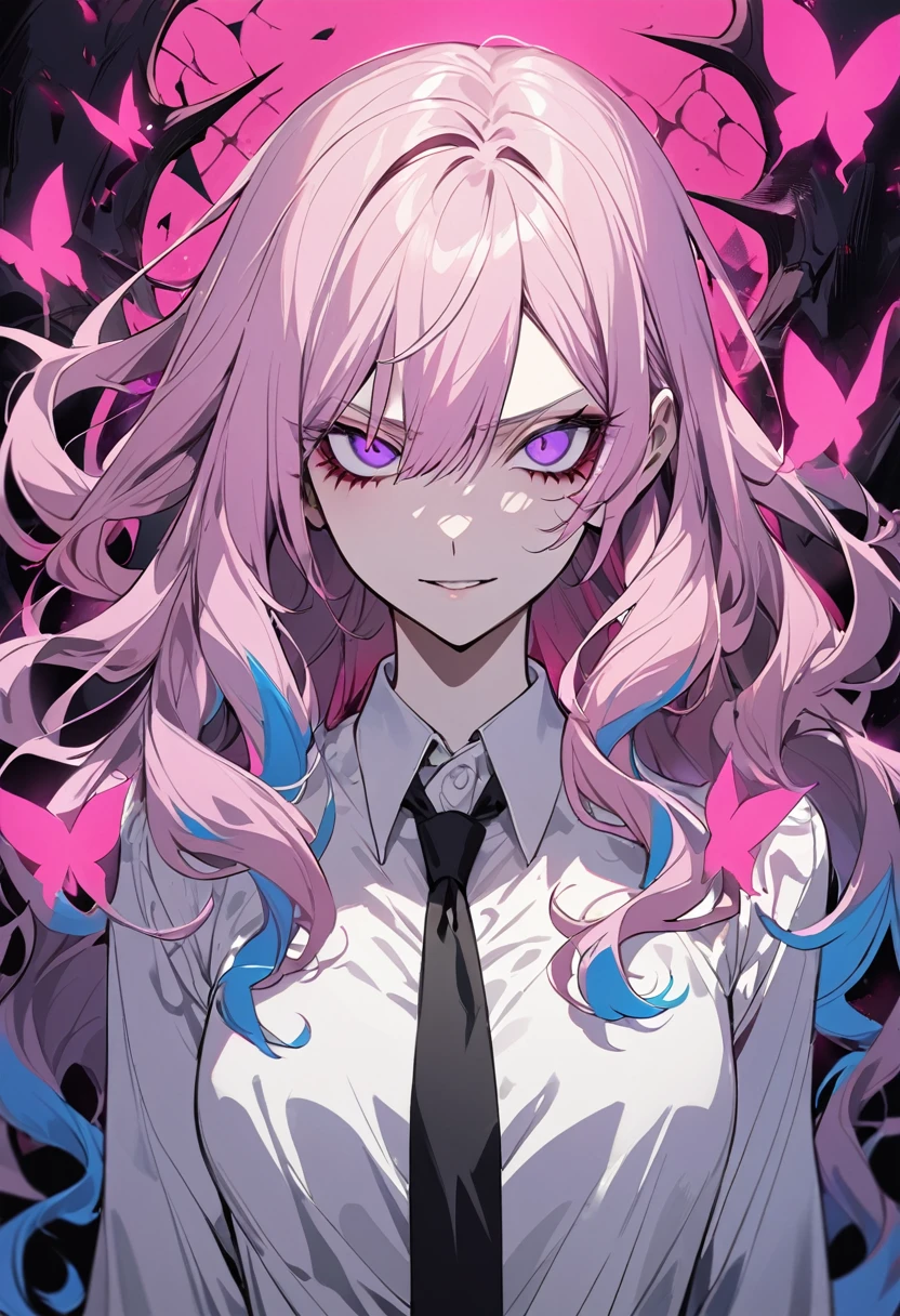 1 woman in chainsaw man style,long wavy hair, light pink hair with blue tips, light purple eyes (detailded),(hellish),tilted face,half smile, white blouse with a black tie, bright pink butterflies in the background