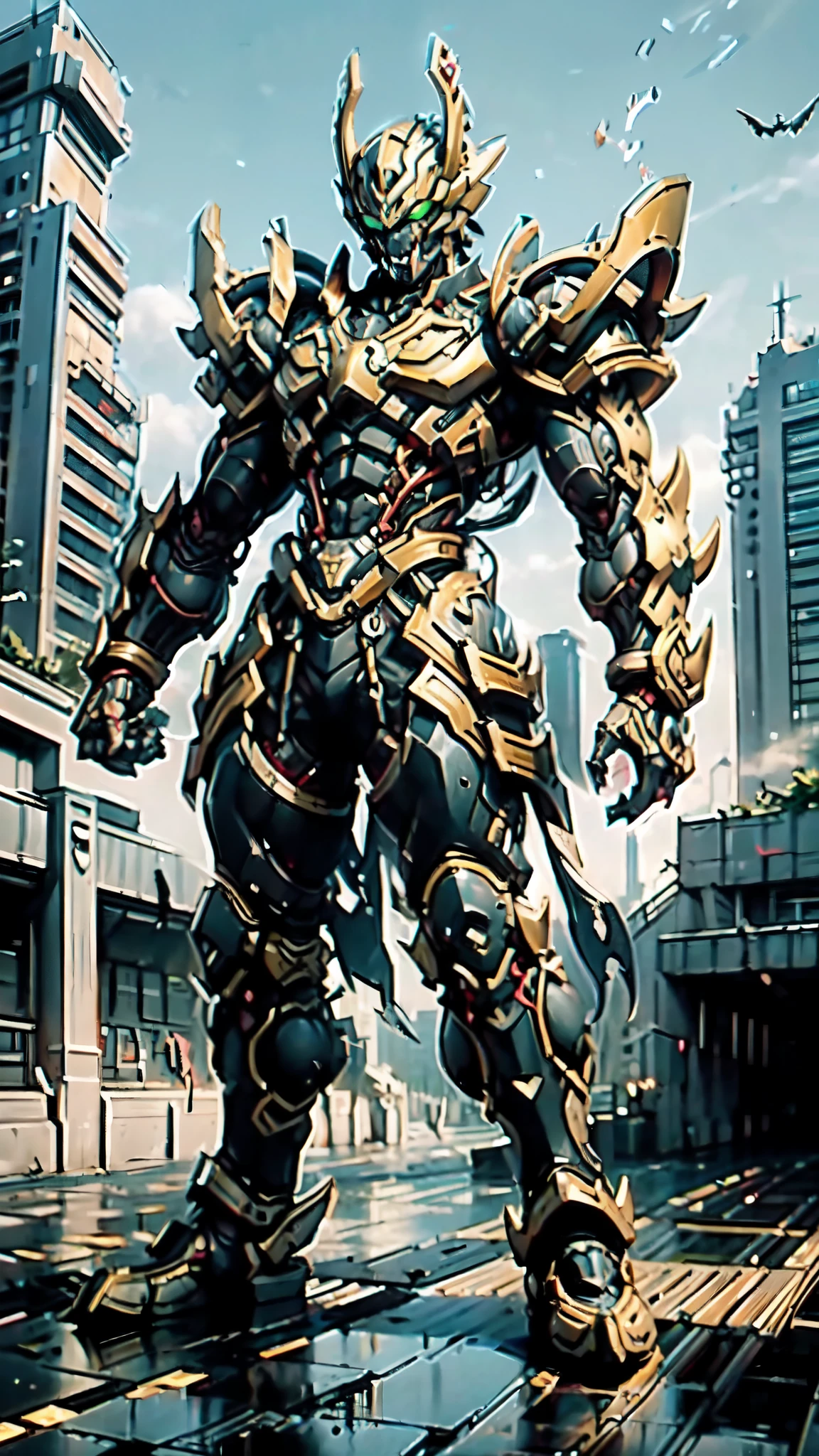 (masterpiece:1.5, best quality:1.5, extremely delicate:1.5, perspective:1.5, foreshortening:1.5, dynamic angle:1.5), a man wearing a full-face helmet, a fantasy-style biotech armored combat suit, green eyes, (a composite layered chest armor), fully enclosed shoulder guards, matching arm and leg guards, the belt is adorned with fangs biting into orbs, (the color scheme is primarily black with red accents), the design balances heavy with agility, a high-tech bio-mecha armor, (Armor Concept Inspired by Bat, stand on the top of a skyscraper in a futuristic sci-fi city), this character embodies a finely crafted fantasy-surreal style armored hero in anime style, exquisite and mature manga art style, (element, plasma, energy, the armor glows), ((male:1.5)), metallic, high definition, highres, ultra-detailed, ultra-fine painting, professional, perfect body proportions, golden ratio, anatomically correct, symmetrical face, extremely detailed eyes and face, high quality eyes, creativity, RAW photo, UHD, 32k, Natural light, cinematic lighting, masterpiece-anatomy-perfect