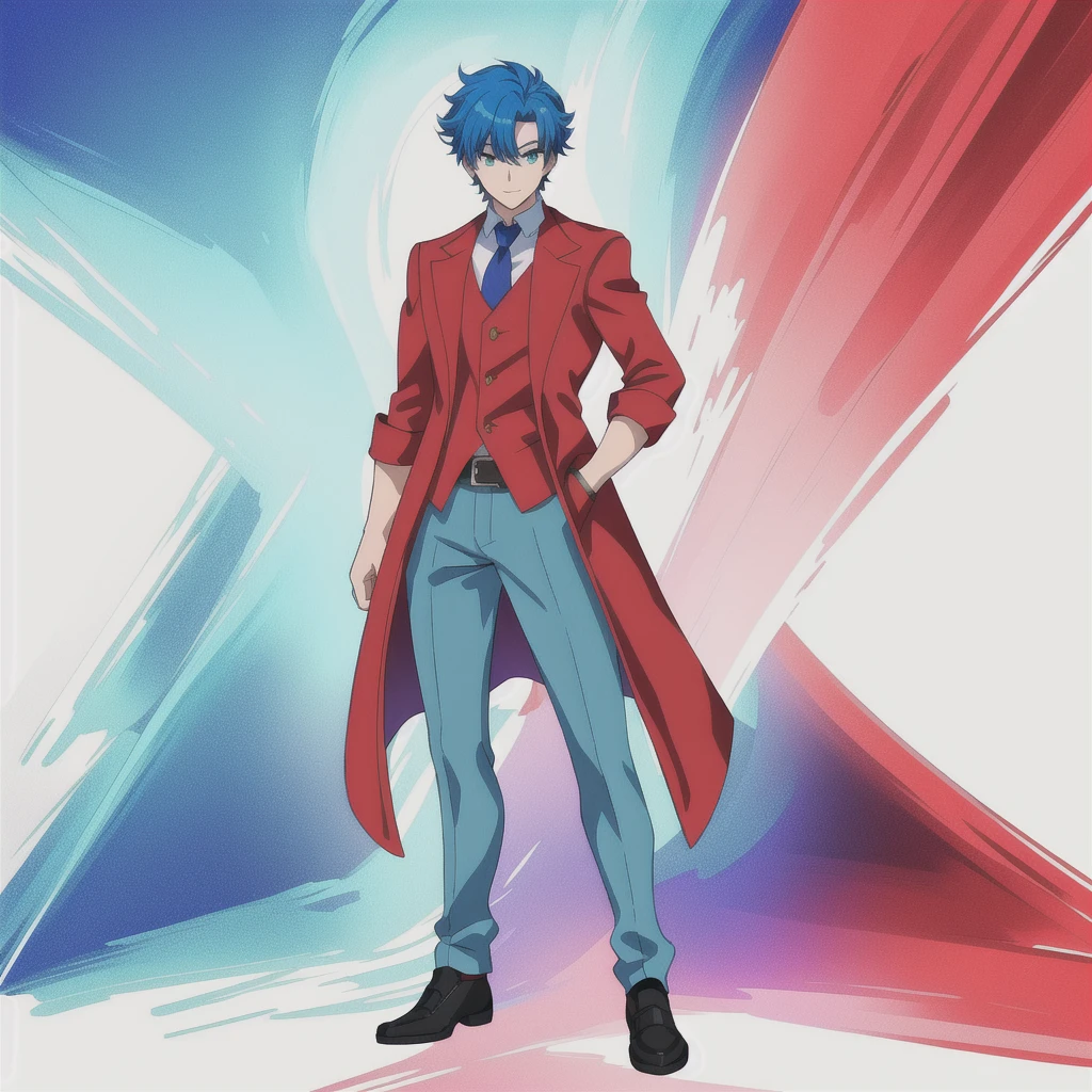 anime man, full body, happy expression, blue hair, red coat, 1boy, masterpiece, (beautiful and aesthetic:1. 5), thick black lineart, clean lineart, perfect lineart, variable lineart, clean anime outlines, intense line art, bold lineart, sharp lineart, best quality, high quality, best quality, ultra-detailed, colourful, saturated colours, dynamic lighting, HD,