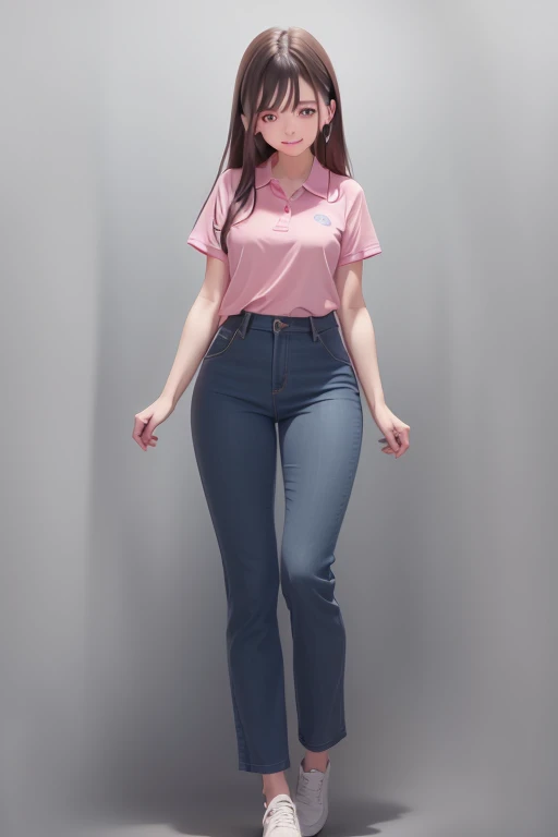 brown hair girl, blue pants and pink polo