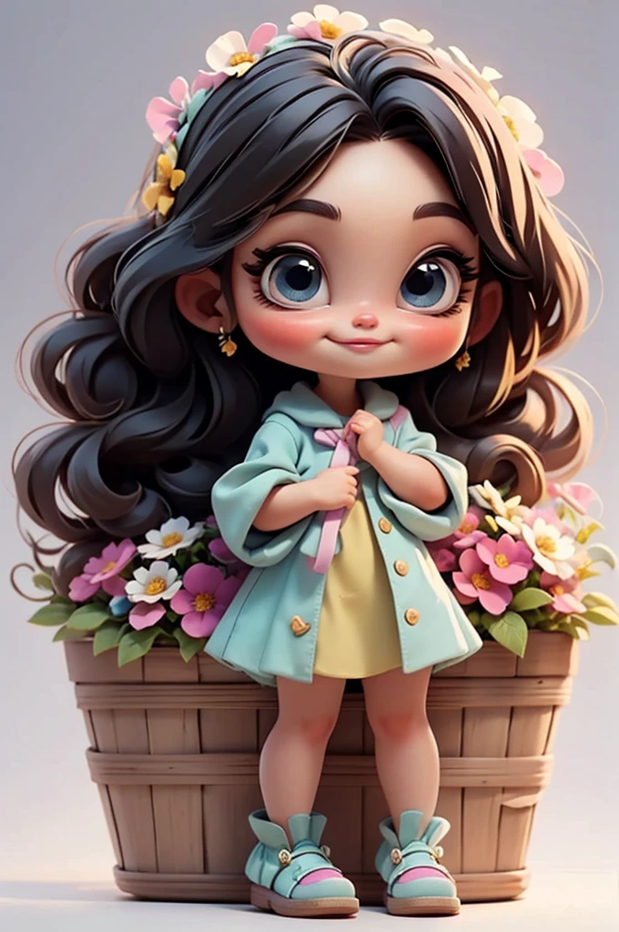 imagem de alta qualidade de uma boneca chibi Megan Fox: boneca chibi ,illustration,detalhes delicados,Pose encantadora,lovely expression,cores suaves,roupa bonita,cabelos intrincados,beautiful eyes and lips,melhor qualidade,ultra-detalhado,fotorrealista,vivid colors, solid background, profesional lighting, girly accessories, espressiva, headband flowers, blue eyes, ombre hair, long hair, basket of flowers in hands, lovely pose, black eyes, wearing a fairy outfit pastel colors glitter,, pink, and soft purple, exuberant, perfect, centered in the photo with a white background, nitid, fairy vibes, standing, pink flat shoes, vibrant, white background, black hair, hair blonde, black hair,happy, smiling, happy, smiling, smile
