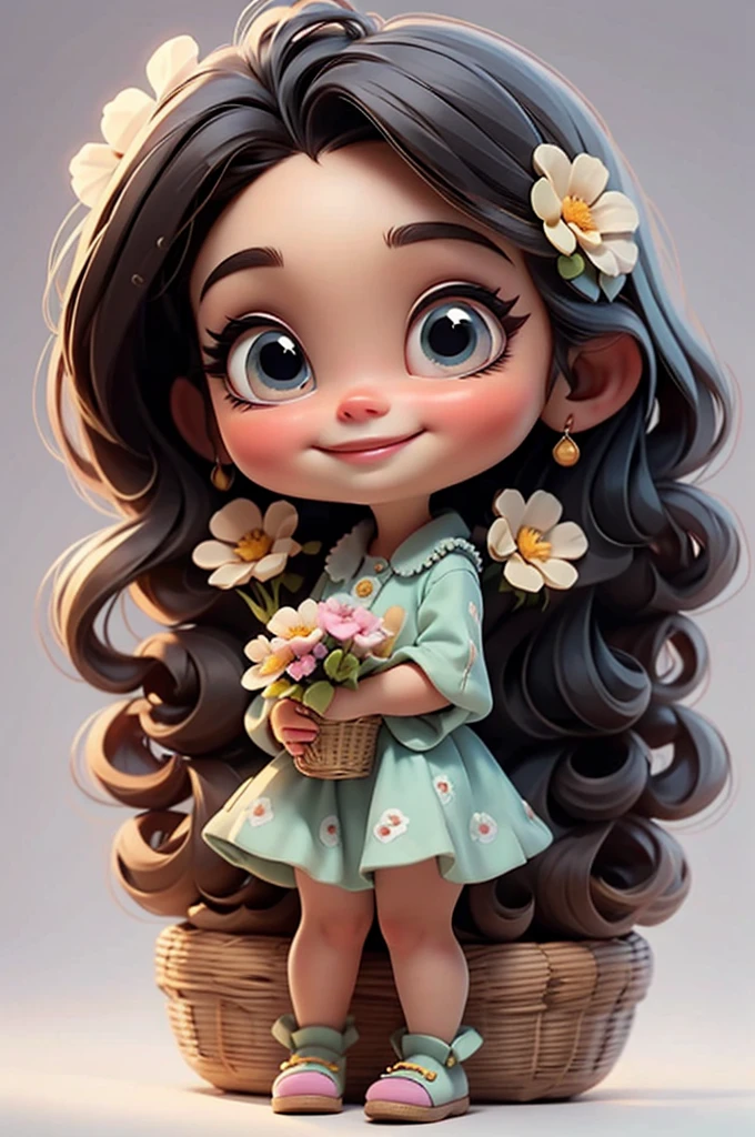 imagem de alta qualidade de uma boneca chibi Megan Fox: boneca chibi ,illustration,detalhes delicados,Pose encantadora,lovely expression,cores suaves,roupa bonita,cabelos intrincados,beautiful eyes and lips,melhor qualidade,ultra-detalhado,fotorrealista,vivid colors, solid background, profesional lighting, girly accessories, espressiva, headband flowers, blue eyes, ombre hair, long hair, basket of flowers in hands, lovely pose, black eyes, wearing a fairy outfit pastel colors glitter,, pink, and soft purple, exuberant, perfect, centered in the photo with a white background, nitid, fairy vibes, standing, pink flat shoes, vibrant, white background, black hair, hair blonde, black hair,happy, smiling, happy, smiling, smile
