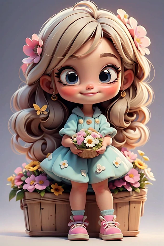 imagem de alta qualidade de uma boneca chibi Megan Fox: boneca chibi ,illustration,detalhes delicados,Pose encantadora,lovely expression,cores suaves,roupa bonita,cabelos intrincados,beautiful eyes and lips,melhor qualidade,ultra-detalhado,fotorrealista,vivid colors, solid background, profesional lighting, girly accessories, espressiva, headband flowers, blue eyes, ombre hair, long hair, basket of flowers in hands, lovely pose, black eyes, wearing a fairy outfit pastel colors glitter,, pink, and soft purple, exuberant, perfect, centered in the photo with a white background, nitid, fairy vibes, standing, pink flat shoes, vibrant, white background, black hair, hair blonde, black hair,happy, smiling, happy, smiling, smile
