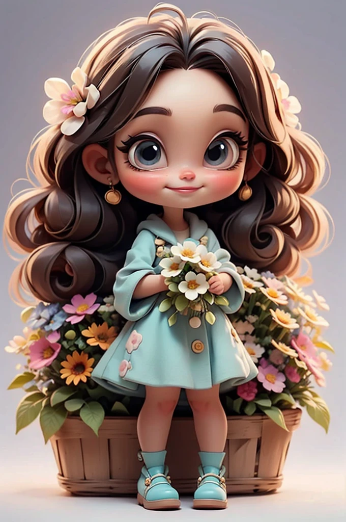 imagem de alta qualidade de uma boneca chibi Megan Fox: boneca chibi ,illustration,detalhes delicados,Pose encantadora,lovely expression,cores suaves,roupa bonita,cabelos intrincados,beautiful eyes and lips,melhor qualidade,ultra-detalhado,fotorrealista,vivid colors, solid background, profesional lighting, girly accessories, espressiva, headband flowers, blue eyes, ombre hair, long hair, basket of flowers in hands, lovely pose, black eyes, wearing a fairy outfit pastel colors glitter,, pink, and soft purple, exuberant, perfect, centered in the photo with a white background, nitid, fairy vibes, standing, pink flat shoes, vibrant, white background, black hair, hair blonde, black hair,happy, smiling, happy, smiling, smile
