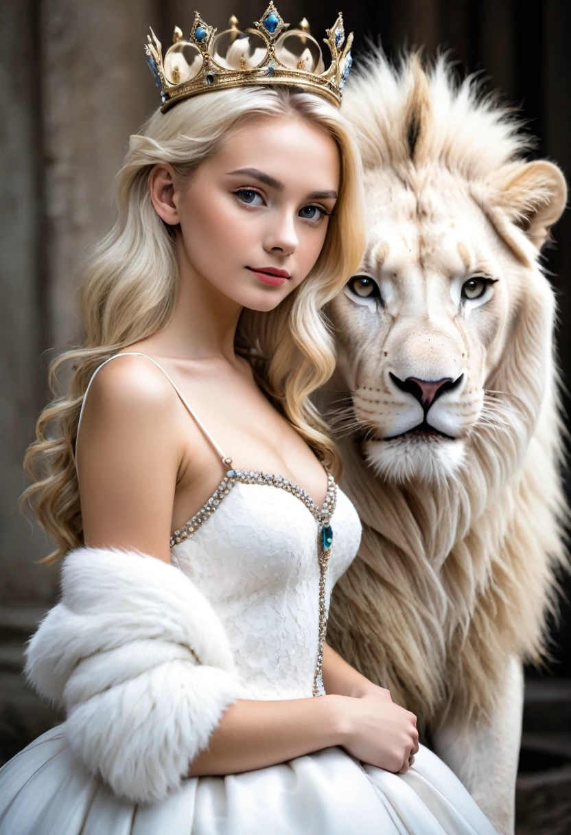 Elegant blonde girl with crown posing next to a white lion
