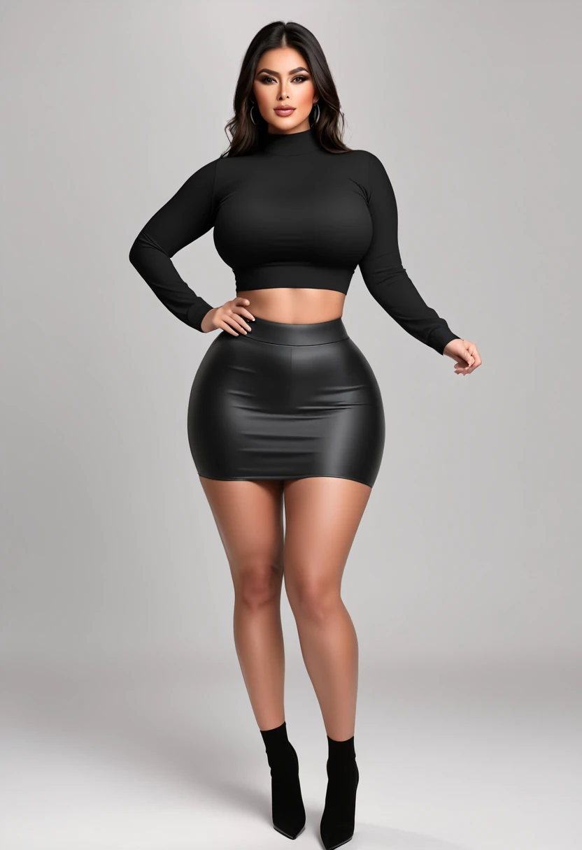 a woman busty and medium thick  with crop top with long sleeves and a little black skirt, 8k, thick lengs, standing straight both hands down