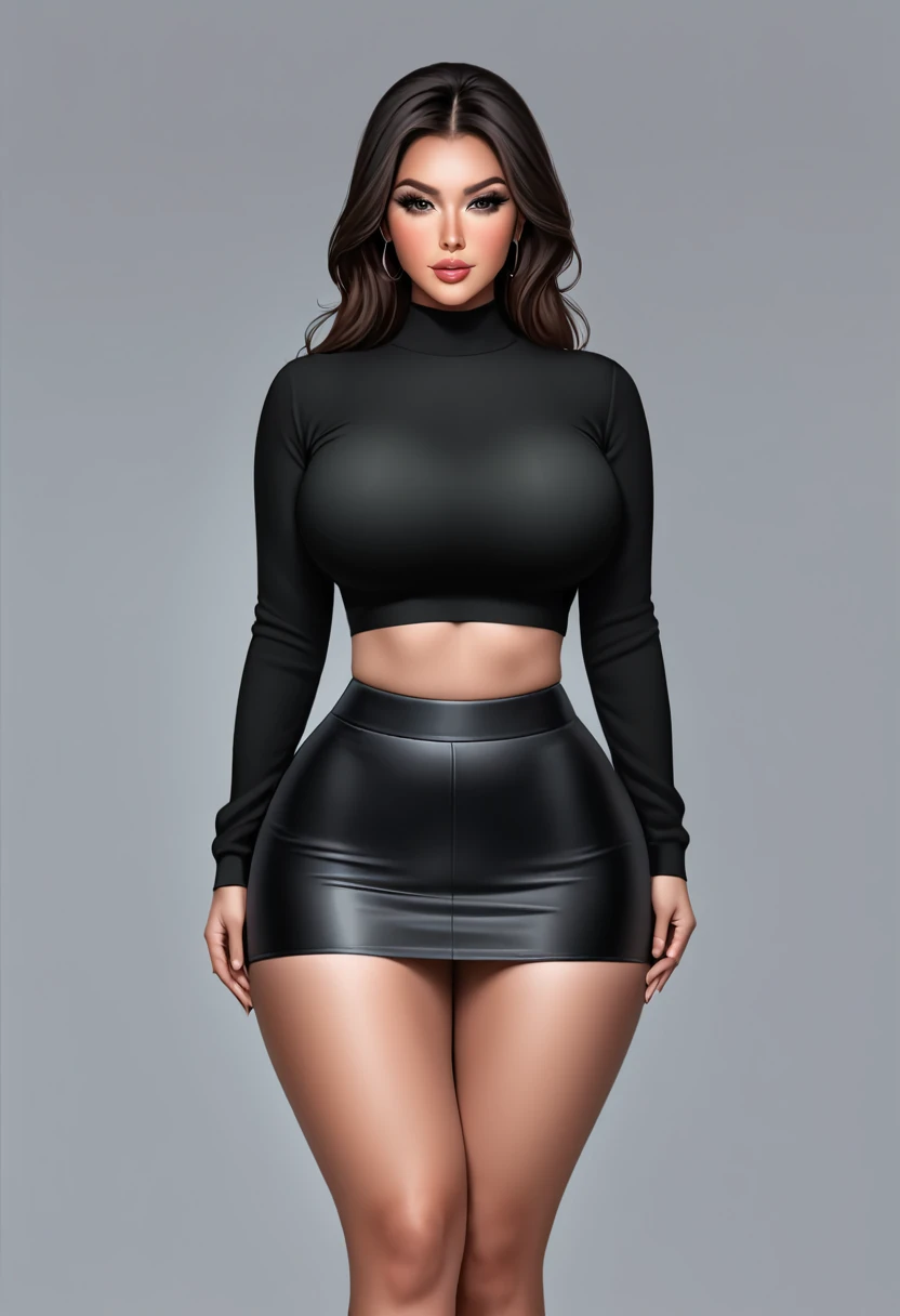 a woman busty and medium thick  with crop top with long sleeves and a little black skirt, 8k, thick lengs, standing straight both hands down