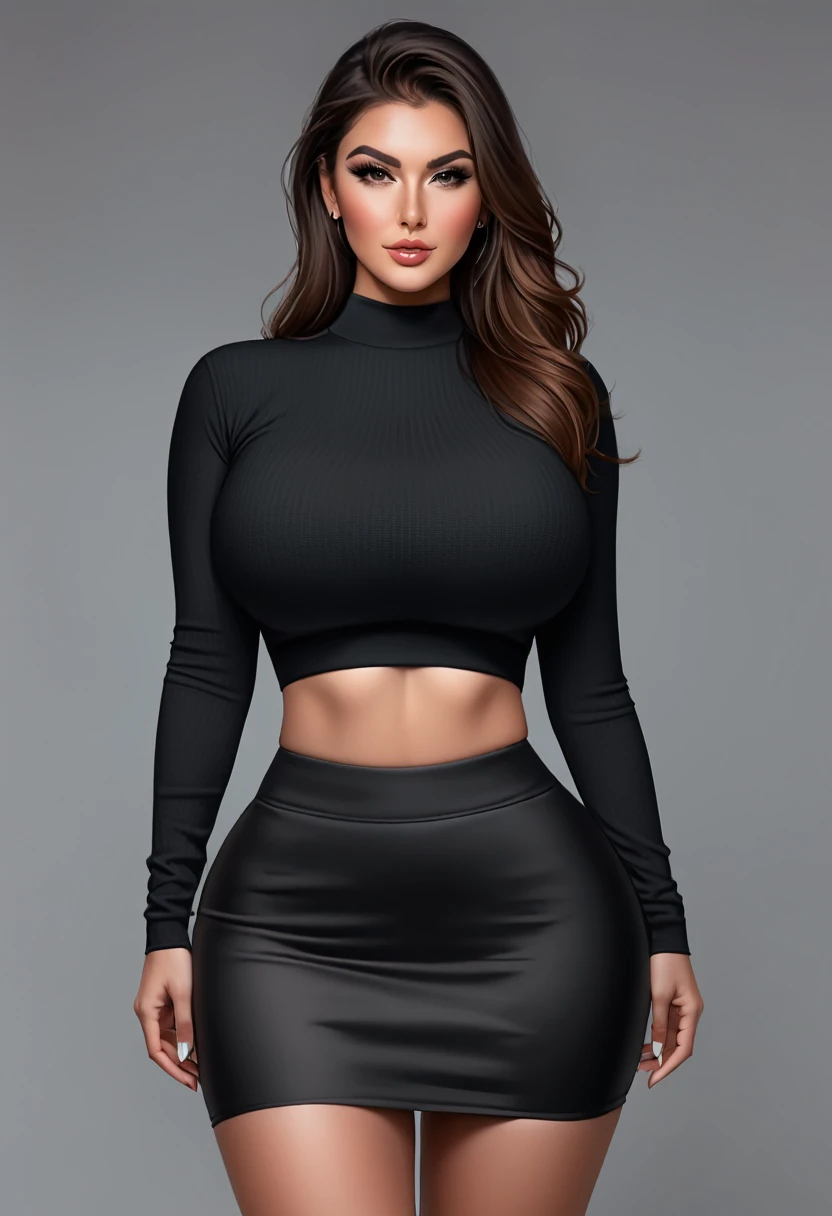 a woman busty and medium thick with crop top with long sleeves and a little black skirt, 8k, thick lengs, standing straight both hands down