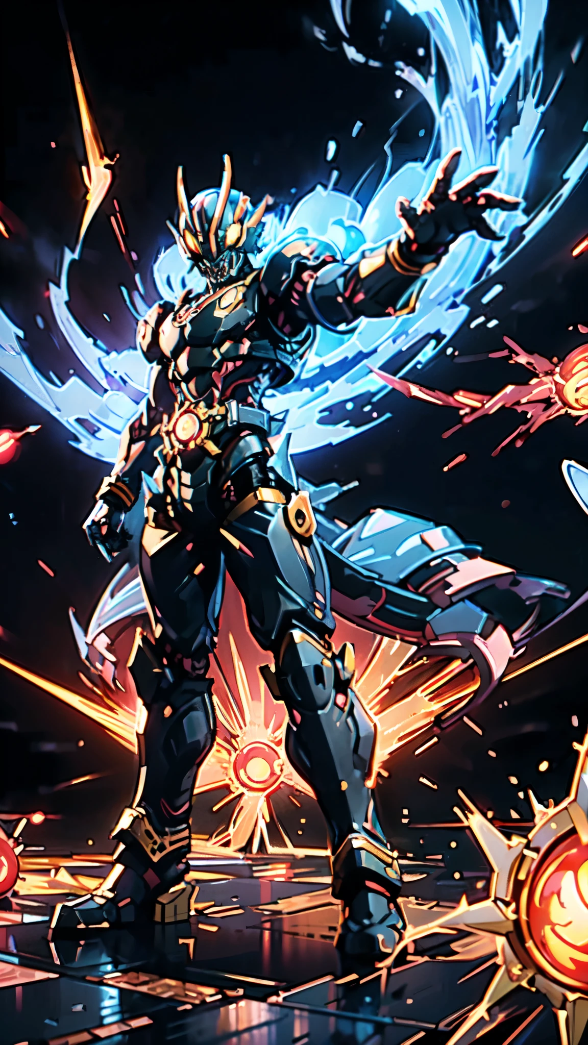 (masterpiece:1.5, best quality:1.5, extremely delicate:1.5, perspective:1.5, foreshortening:1.5, dynamic angle:1.5), a man wearing a full-face helmet, a fantasy-style biotech armored combat suit, green eyes, (a composite layered chest armor), fully enclosed shoulder guards, matching arm and leg guards, the belt is adorned with fangs biting into orbs, (the color scheme is primarily black with red accents), the design balances heavy with agility, a high-tech bio-mecha armor, (Armor Concept Inspired by Bat, stand on the top of a skyscraper in a futuristic sci-fi city), this character embodies a finely crafted fantasy-surreal style armored hero in anime style, exquisite and mature manga art style, (element, plasma, energy, the armor glows), ((male:1.5)), metallic, high definition, highres, ultra-detailed, ultra-fine painting, professional, perfect body proportions, golden ratio, anatomically correct, symmetrical face, extremely detailed eyes and face, high quality eyes, creativity, RAW photo, UHD, 32k, Natural light, cinematic lighting, masterpiece-anatomy-perfect