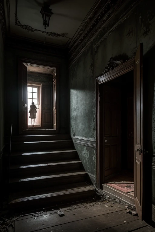 Prompt de Imagem: An old, abandoned mansion on top of a hill under the light of a full moon. Ana and her friends, armed with flashlights and cameras, are entering through the old, creaky wooden door. The interior of the mansion is dark and covered in cobwebs., with a cold and mysterious air. No fundo, an indistinct shadow can be seen passing quickly upstairs, creating an atmosphere of suspense and terror.