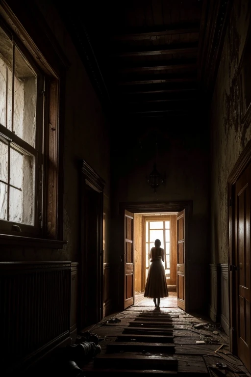 Prompt de Imagem: An old, abandoned mansion on top of a hill under the light of a full moon. Ana and her friends, armed with flashlights and cameras, are entering through the old, creaky wooden door. The interior of the mansion is dark and covered in cobwebs., with a cold and mysterious air. No fundo, an indistinct shadow can be seen passing quickly upstairs, creating an atmosphere of suspense and terror.