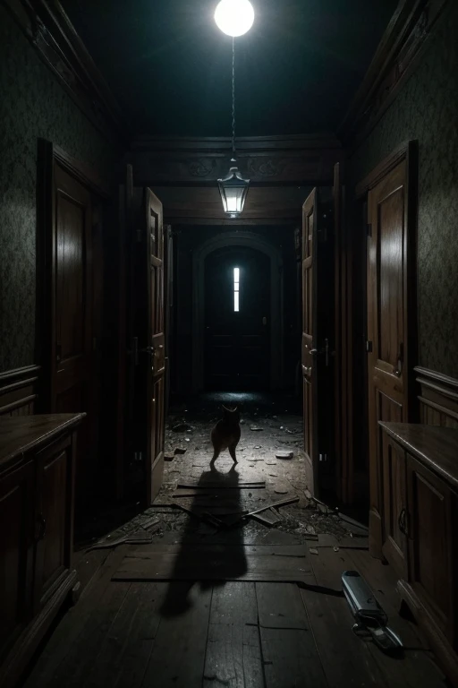 Prompt de Imagem: An old, abandoned mansion on top of a hill under the light of a full moon. Ana and her friends, armed with flashlights and cameras, are entering through the old, creaky wooden door. The interior of the mansion is dark and covered in cobwebs., with a cold and mysterious air. No fundo, an indistinct shadow can be seen passing quickly upstairs, creating an atmosphere of suspense and terror.