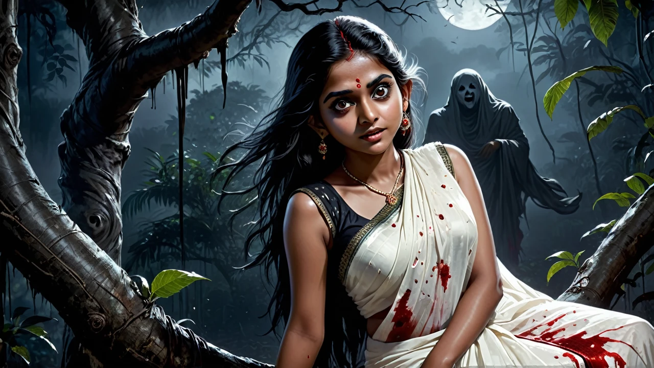 (dark jungle night ambience) (horror dark effect) (full body) a beautiful indian beautiful teen ghost girl wearing sleeveless white blood stained saree, (big but covered) sitting on a tree branch, scary bloody face, cruel smiling expression, seductive, detailed face, detailed eyes, detailed lips, 8k, high quality, ultra-detailed, realistic, photorealistic, physically-based rendering, horror, dark fantasy, moody lighting, dramatic lighting