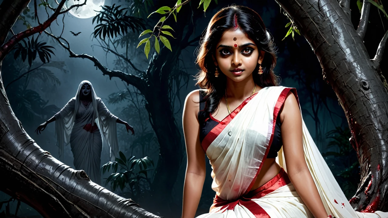 (dark jungle black night ambience) (horror dark effect) (full body) a beautiful indian beautiful  ghost girl wearing sleeveless white blood stained saree, (big but covered) sitting on a tree branch, scary bloody face, cruel smiling expression, seductive, detailed face, detailed eyes, detailed lips, high quality, physically-based rendering, horror, dark fantasy