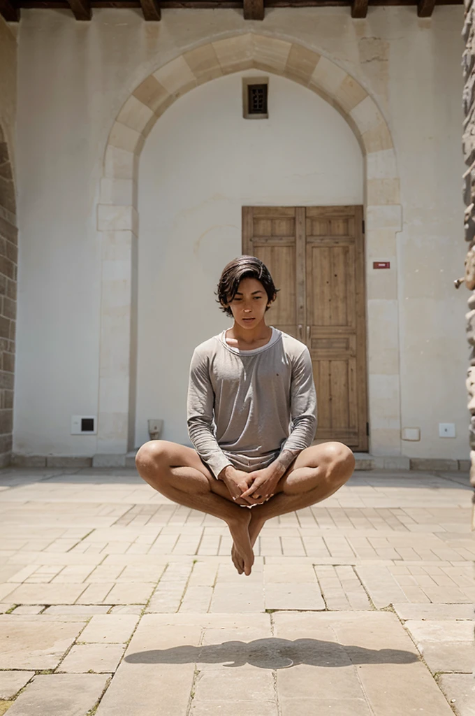 Boy levitating in zen position inside a medieval French castle