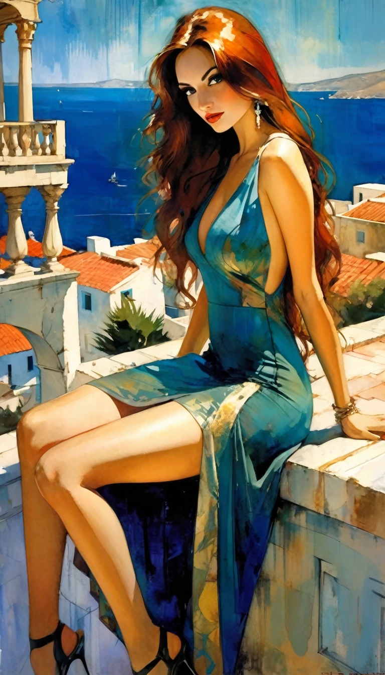 very sexy girl with long hair, wearing an elegant and sexy dress, sitting on a terrace, overlooking the sea of a typical Greek town.1.5, (art inspired in Bill Sienkiewicz). oil painting)
