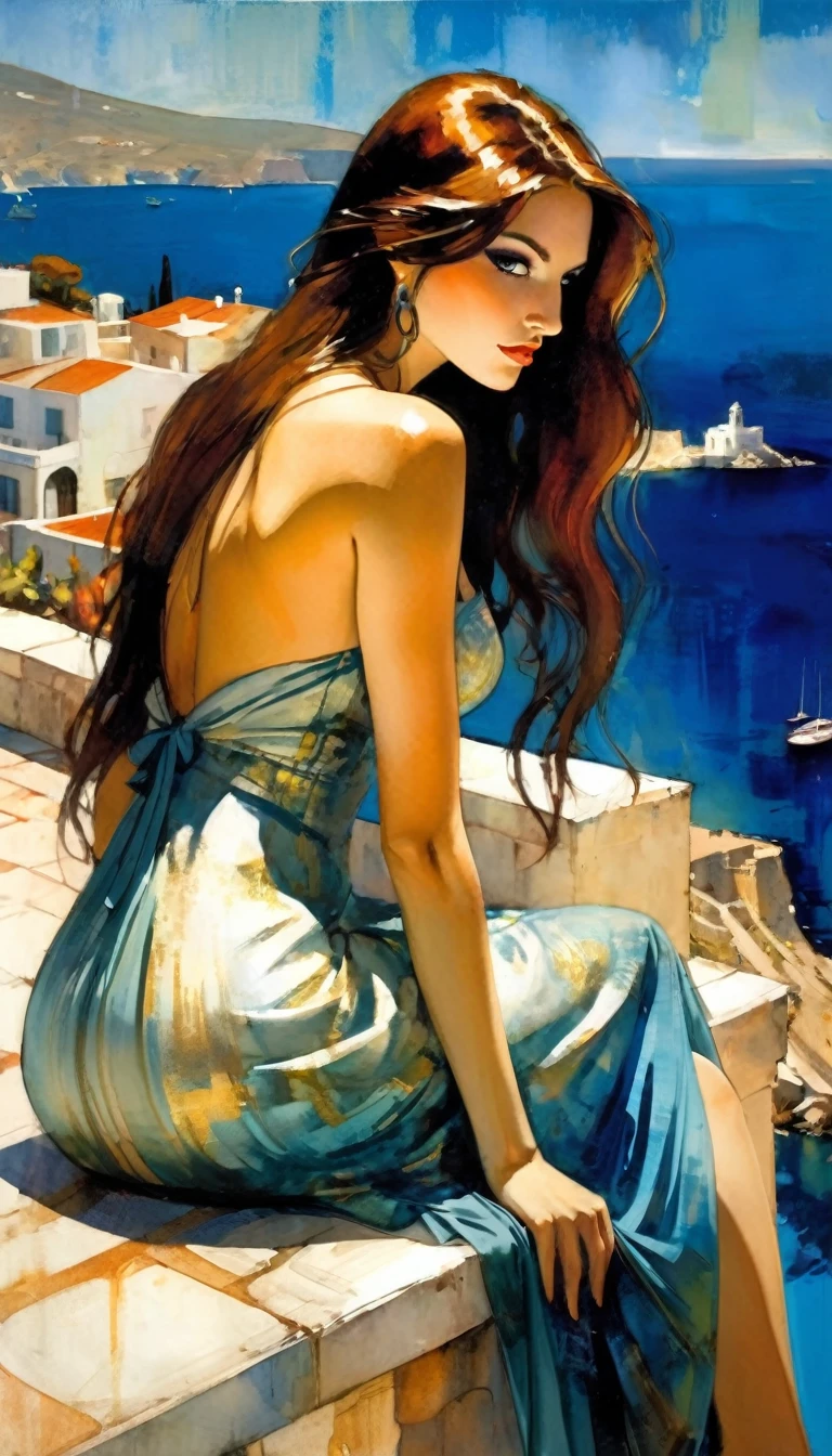 very sexy girl with long hair, wearing an elegant and sexy dress, sitting on a terrace, overlooking the sea of a typical Greek town.1.5, (art inspired in Bill Sienkiewicz). oil painting)