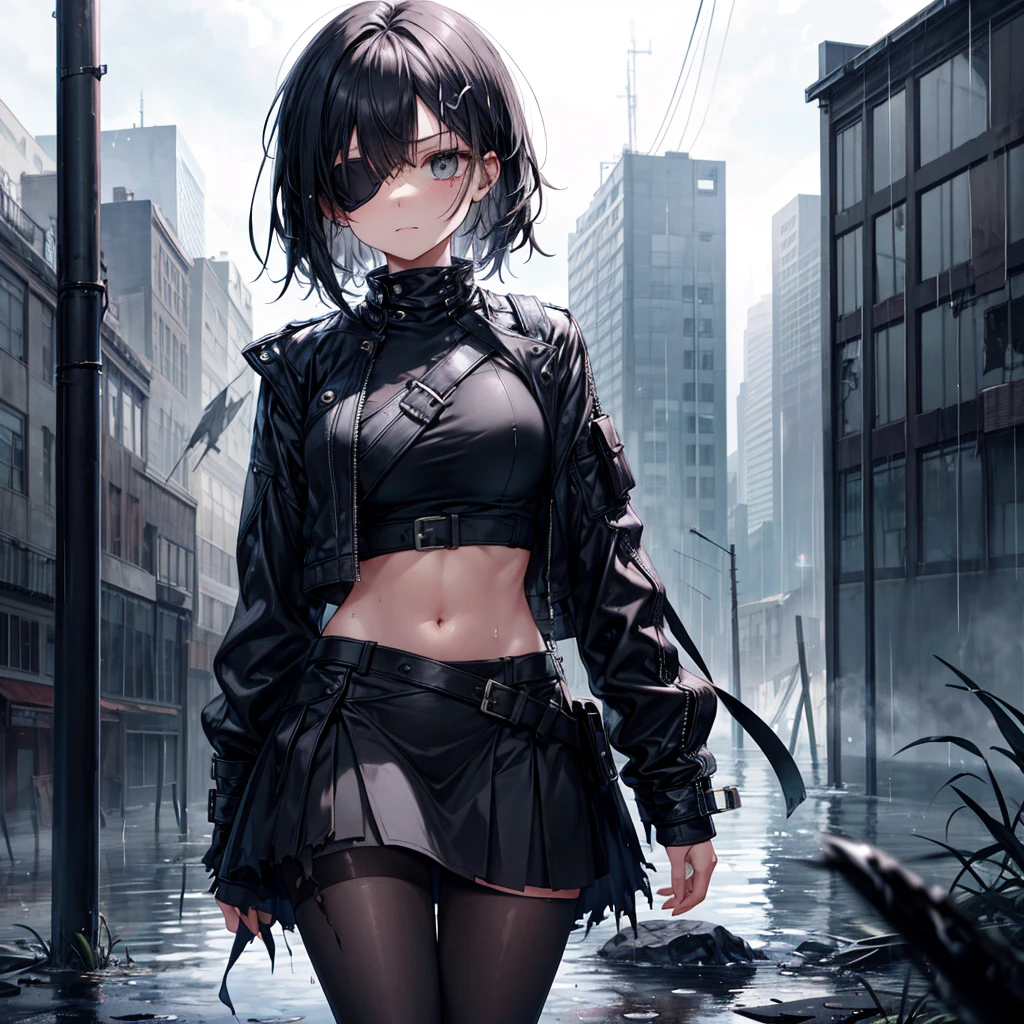 ((Highest quality)), ((masterpiece)), (detailed), A beautiful black-haired girl with an eye patch covering her left eye, looking down at the viewer with an emotionless expression. She is standing in a desolate cityscape, heavily damaged and partially flooded by the relentless rain. The girl is dressed in a black leather jacket, a crop top, a mini skirt, and black pantyhose, all of which are heavily torn and tattered, showing signs of intense and brutal battles. The eye patch is a black, leather patch securely fastened over her left eye with a thin, but sturdy strap. She is looking down as if someone has fallen at her feet, her face close to the viewer's perspective. The rain pours down hard, creating a dramatic and tense atmosphere, with flashes of lightning illuminating the dark clouds and the ruins around her. The reflections in the puddles on the ground and the glistening water on her clothes add to the realism and intensity of the scene.
torn skirt, torn pantyhose, torn crop top