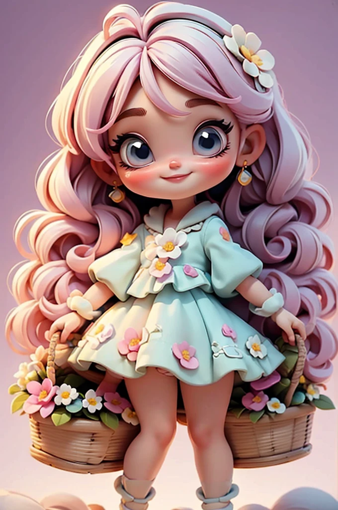 imagem de alta qualidade de uma boneca chibi Megan Fox: boneca chibi ,illustration,detalhes delicados,Pose encantadora,lovely expression,cores suaves,roupa bonita,cabelos intrincados,beautiful eyes and lips,melhor qualidade,ultra-detalhado,fotorrealista,vivid colors, solid background, profesional lighting, girly accessories, espressiva, headband flowers, blue eyes, ombre hair, long hair, basket of flowers in hands, lovely pose, black eyes, wearing a fairy outfit pastel colors glitter,, pink, and soft purple, exuberant, perfect, centered in the photo with a white background, nitid, fairy vibes, standing, pink flat shoes, vibrant, white background, black hair, hair blonde, black hair,happy, smiling, happy, smiling, smile
