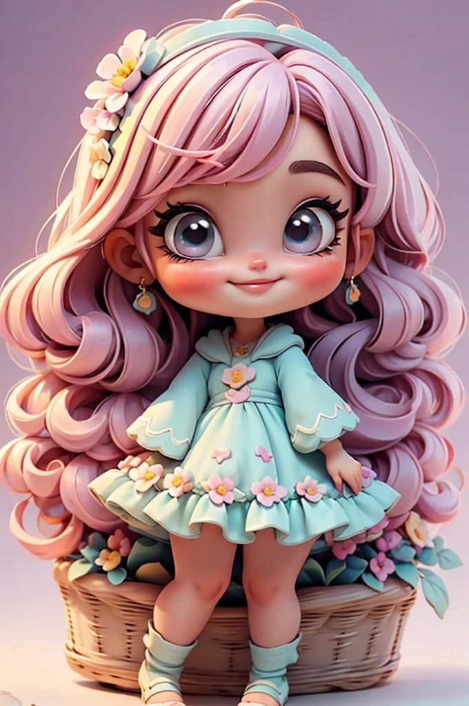 imagem de alta qualidade de uma boneca chibi Megan Fox: boneca chibi ,illustration,detalhes delicados,Pose encantadora,lovely expression,cores suaves,roupa bonita,cabelos intrincados,beautiful eyes and lips,melhor qualidade,ultra-detalhado,fotorrealista,vivid colors, solid background, profesional lighting, girly accessories, espressiva, headband flowers, blue eyes, ombre hair, long hair, basket of flowers in hands, lovely pose, black eyes, wearing a fairy outfit pastel colors glitter,, pink, and soft purple, exuberant, perfect, centered in the photo with a white background, nitid, fairy vibes, standing, pink flat shoes, vibrant, white background, black hair, hair blonde, black hair,happy, smiling, happy, smiling, smile
