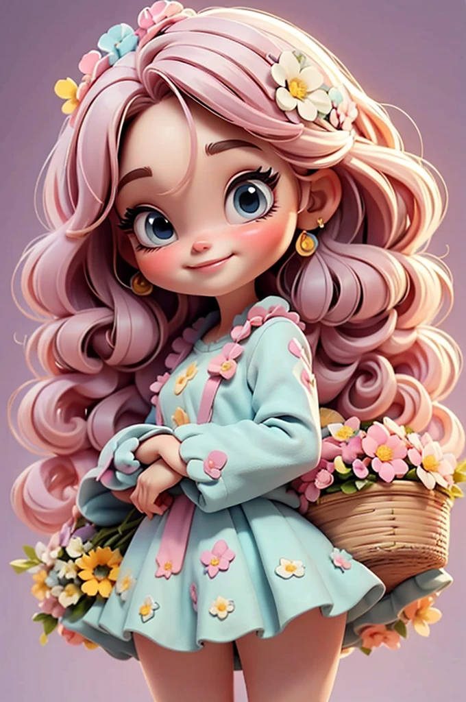 imagem de alta qualidade de uma boneca chibi Megan Fox: boneca chibi ,illustration,detalhes delicados,Pose encantadora,lovely expression,cores suaves,roupa bonita,cabelos intrincados,beautiful eyes and lips,melhor qualidade,ultra-detalhado,fotorrealista,vivid colors, solid background, profesional lighting, girly accessories, espressiva, headband flowers, blue eyes, ombre hair, long hair, basket of flowers in hands, lovely pose, black eyes, wearing a fairy outfit pastel colors glitter,, pink, and soft purple, exuberant, perfect, centered in the photo with a white background, nitid, fairy vibes, standing, pink flat shoes, vibrant, white background, black hair, hair blonde, black hair,happy, smiling, happy, smiling, smile
