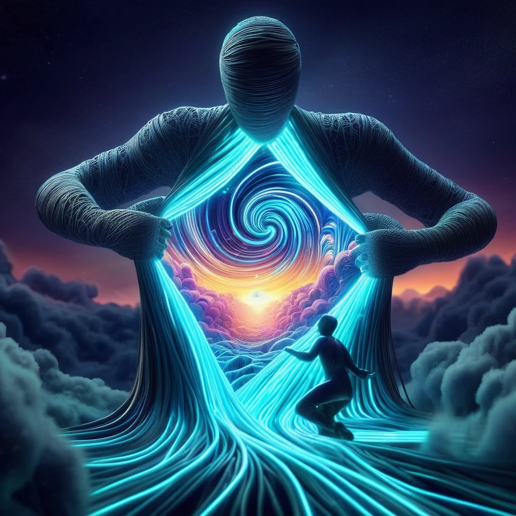 A dmt entity  smoking a pipe made of flowing, thread-like fluorescent neon material pulls itself apart from the torso revealing a breathtaking cartoon dreamlike landscape bathed in the  gray light of sunset that is vortexing into a dream spiral. The contrast between the dark, ethereal form and the vivid bright colours, open expanse beyond evokes a sense of revelation and transformation. This striking image captures the unveiling of hidden beauty and emergence of inner worlds.