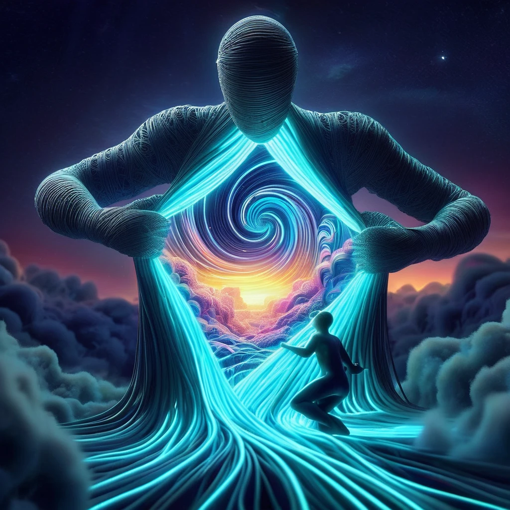 A dmt entity smoking a pipe made of flowing, thread-like fluorescent neon material pulls itself apart from the torso revealing a breathtaking cartoon dreamlike landscape bathed in the gray light of sunset that is vortexing into a dream spiral. The contrast between the dark, ethereal form and the vivid bright colours, open expanse beyond evokes a sense of revelation and transformation. This striking image captures the unveiling of hidden beauty and emergence of inner worlds.