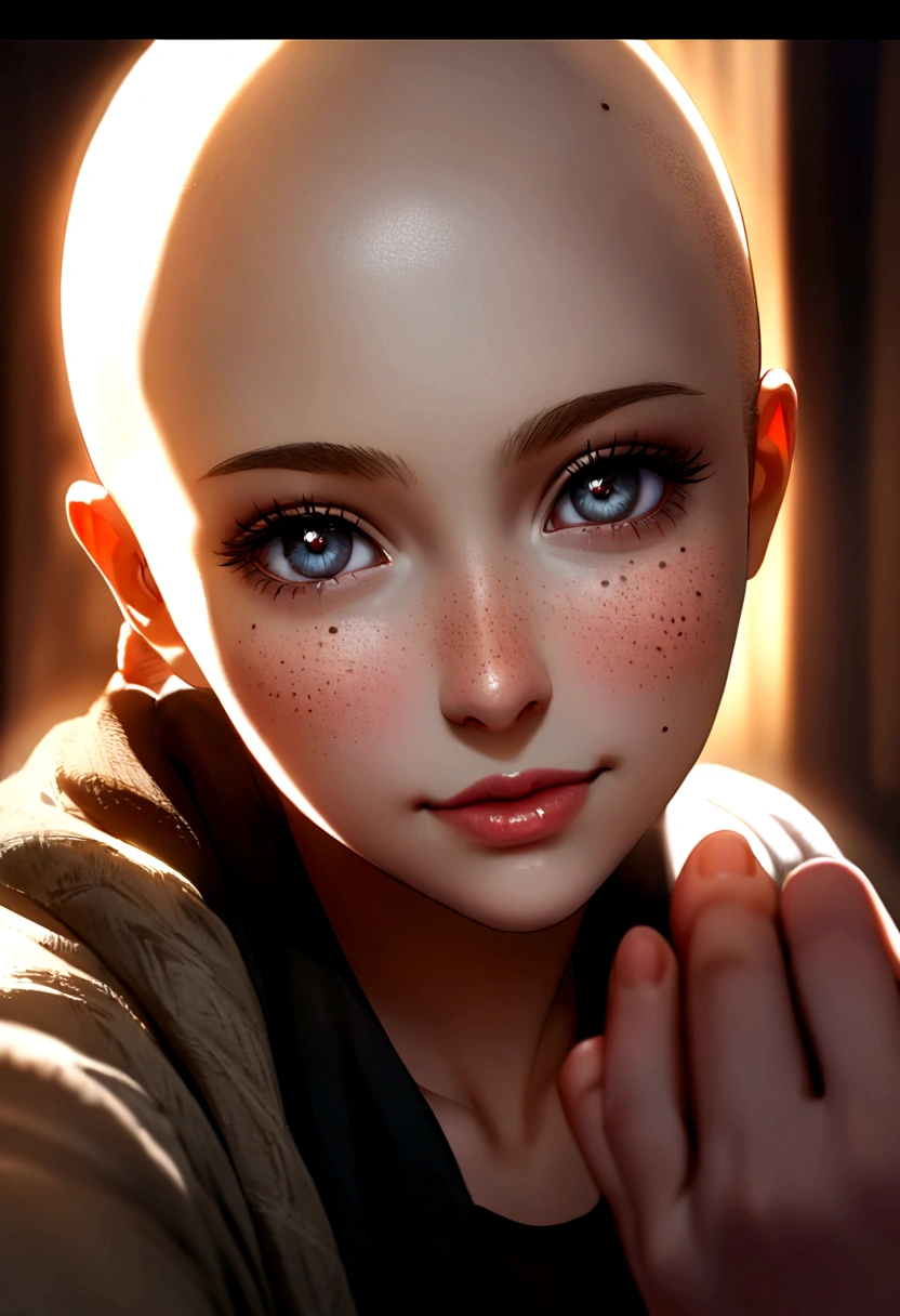 Create a realistic selfie of a bald European woman featuring a distinctive mole on her right cheek and scattered freckles. She has dark, evasive eyes which seem to divert from direct contact with the viewer, lending a mysterious touch to her appearance. The backdrop is softly blurred, focusing attention on her subtle, intriguing expression. Natural lighting enhances the detailed texture of her skin and the nuanced shadows across her face, capturing a lifelike and compelling image