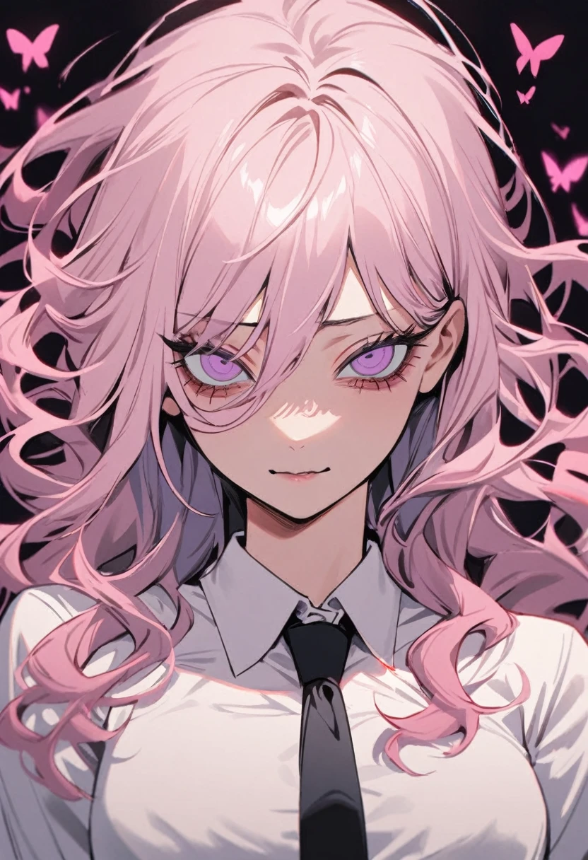 1 woman in chainsaw man style,long wavy hair, light pink hair with blue tips, light purple eyes (detailded),(hellish),tilted face,half smile, white blouse with a black tie, bright pink butterflies in the background