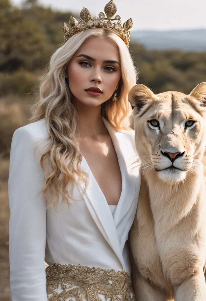 Elegant blonde girl with crown posing next to a white lioness