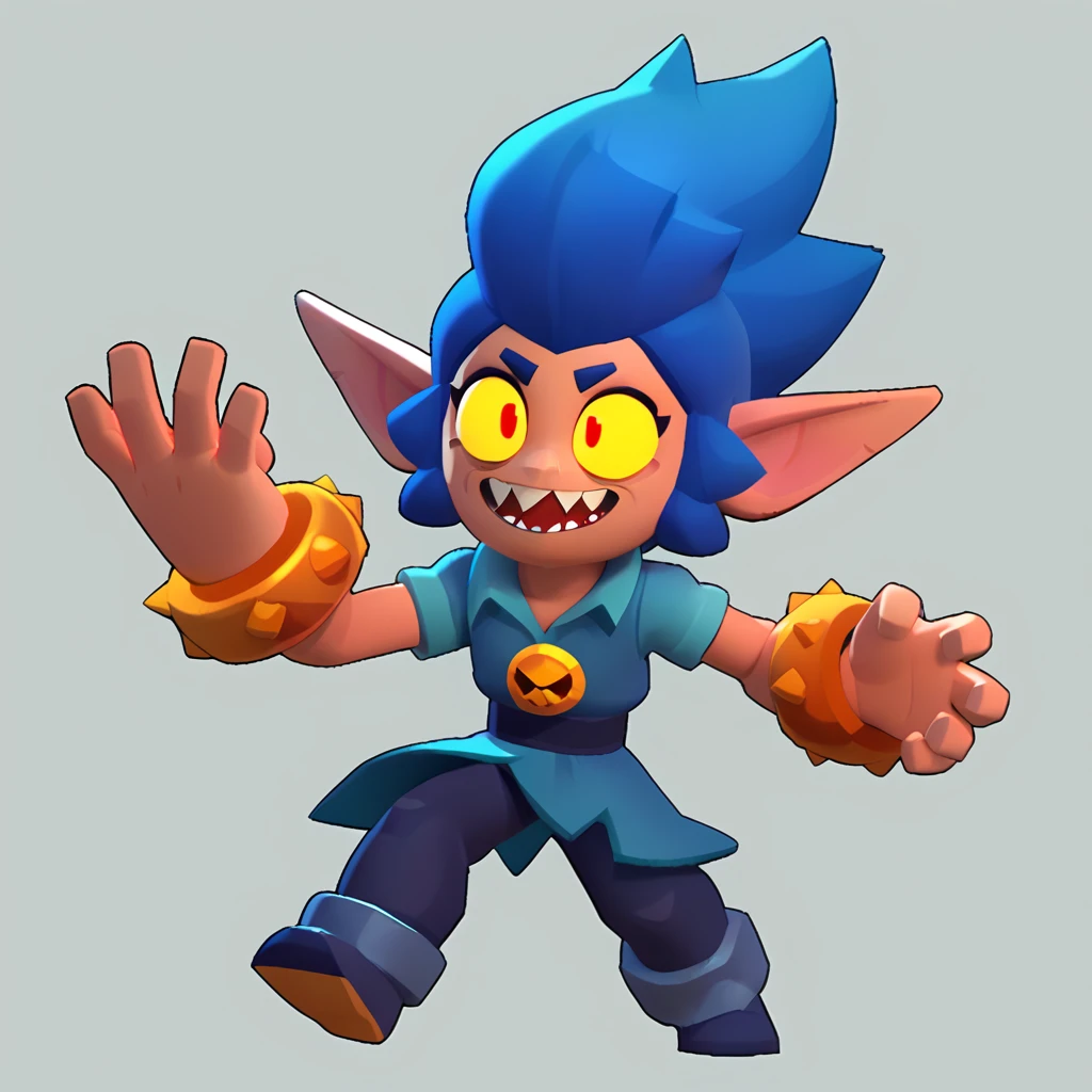 full body view of an anthropomorphic furball, blue hair, long ear, bulging eyes, sharp teeth, smiling, nuclear bracelet on left arm, wearing a pentalon, brawl, brawl stars