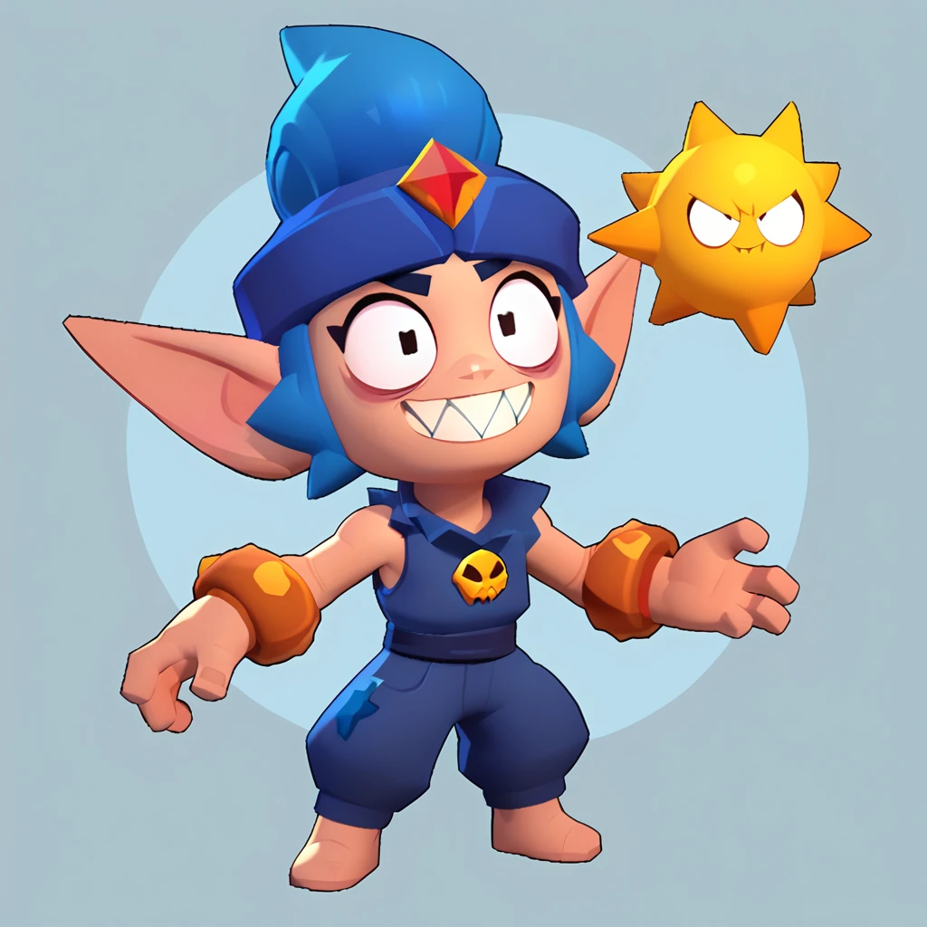 full body view of an anthropomorphic furball, blue hair, long ear, bulging eyes, sharp teeth, smiling, nuclear bracelet on left arm, wearing a pentalon, brawl, brawl stars