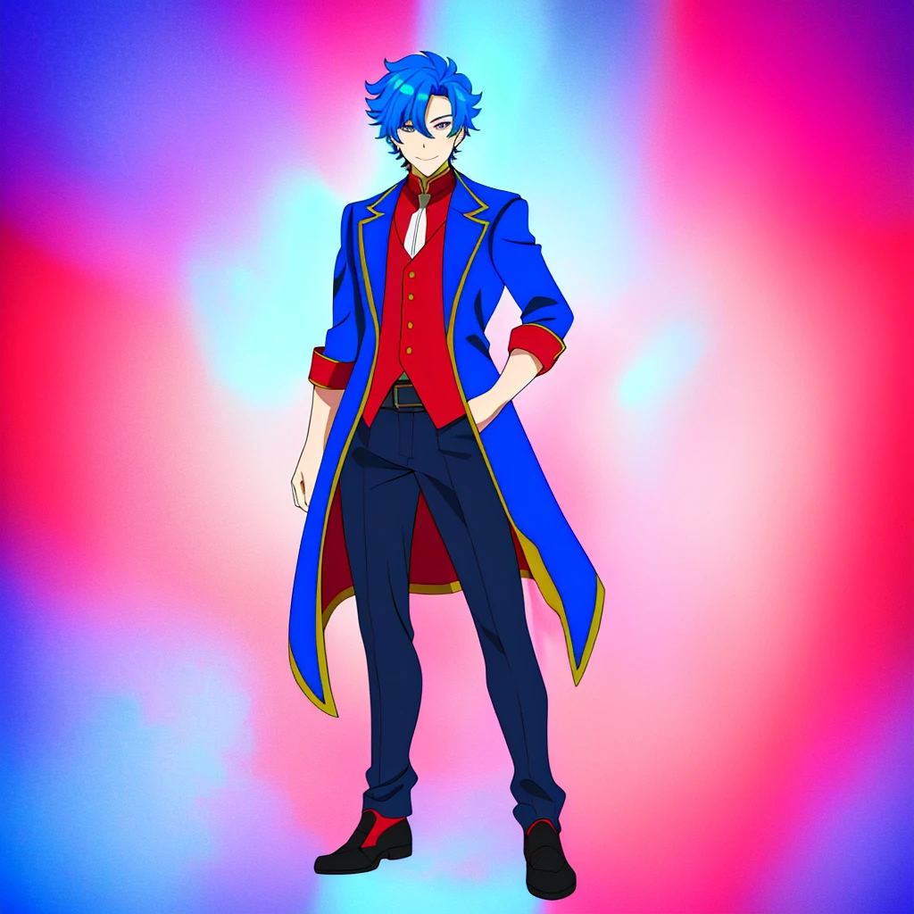 anime man, full body, happy expression, blue hair, red coat, 1boy, masterpiece, (beautiful and aesthetic:1. 5), thick black lineart, clean lineart, perfect lineart, variable lineart, clean anime outlines, sharp lineart, high quality, best quality, saturated colours, dynamic lighting, HD,