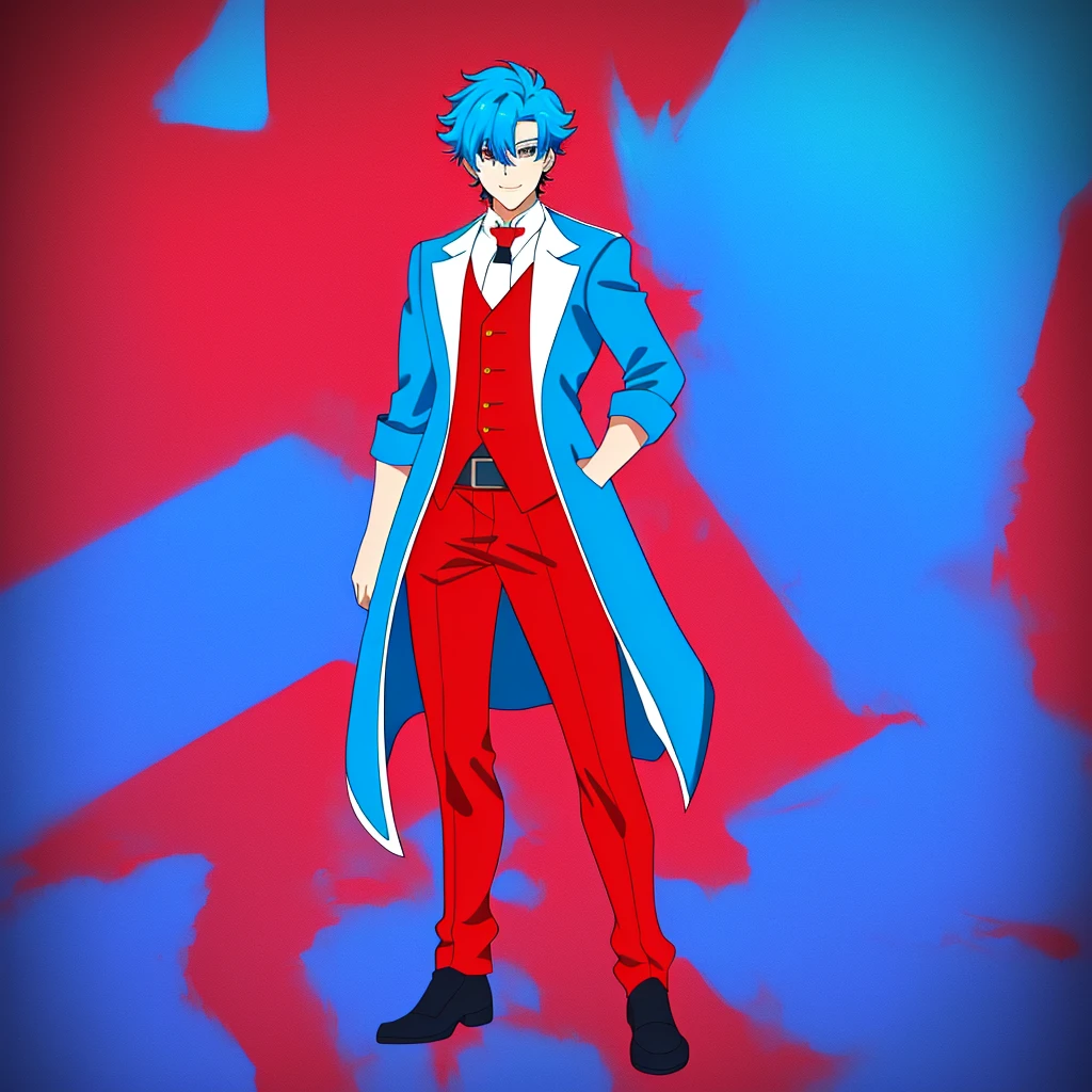 anime man, full body, happy expression, blue hair, red coat, 1boy, masterpiece, (beautiful and aesthetic:1. 5), thick black lineart, clean lineart, perfect lineart, variable lineart, clean anime outlines, sharp lineart,  high quality, best quality, saturated colours, dynamic lighting, HD,