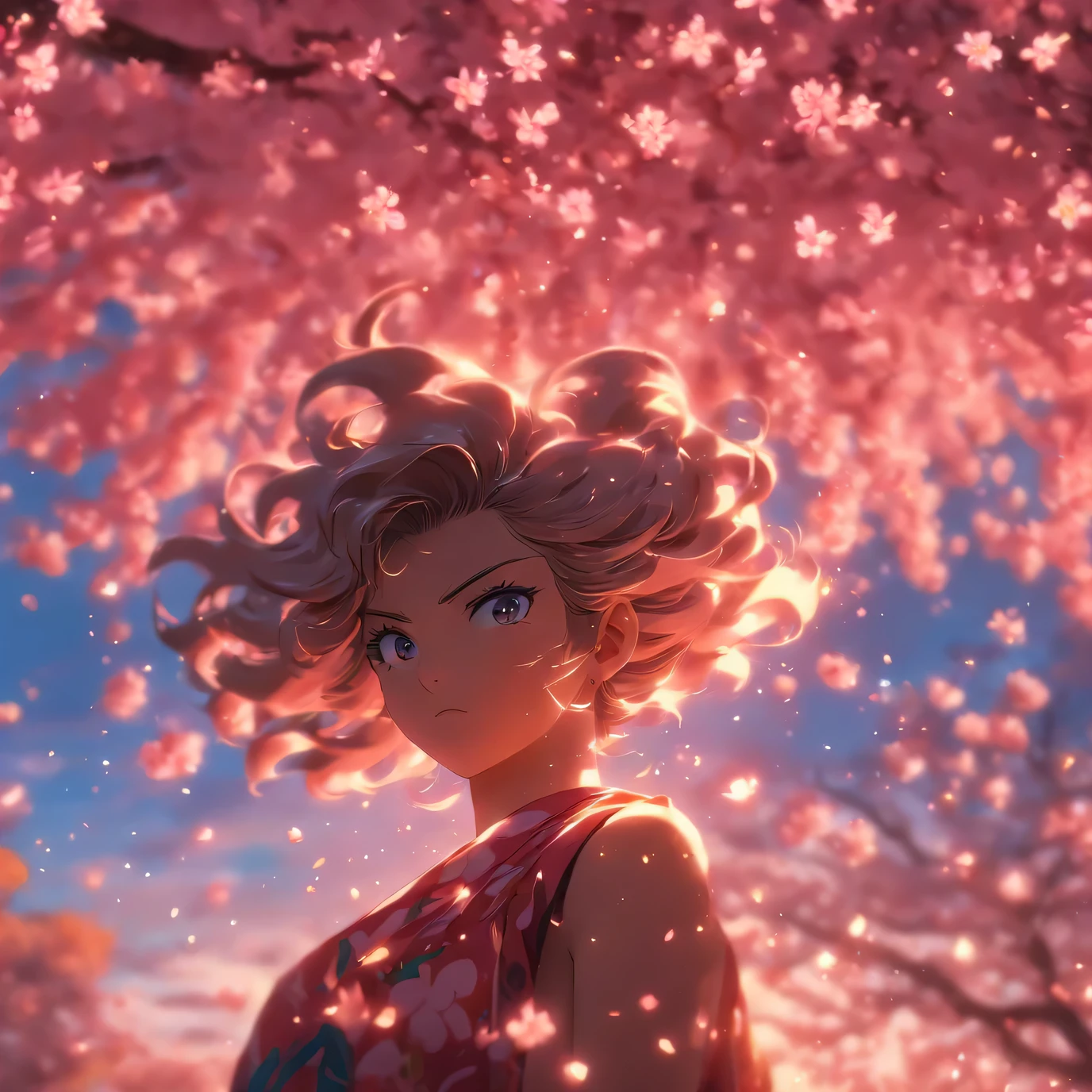 A teenage girl standing amidst a cherry tree in full bloom, surrounded by a swirl of vibrant pink petals, her gaze fixed on the steel-muscled sunset, expression conveying a love struck disappointment, hyper-amazing, high-definition illustration, vivid mythical hyper-witch stormpunk illustration style, fantasy perspective, dramatic lighting, cinematic composition, best quality, 8k, highres, masterpiece, ultra-detailed, realistic, photorealistic, professional, vivid colors, studio lighting, physically-based rendering, extreme detail description