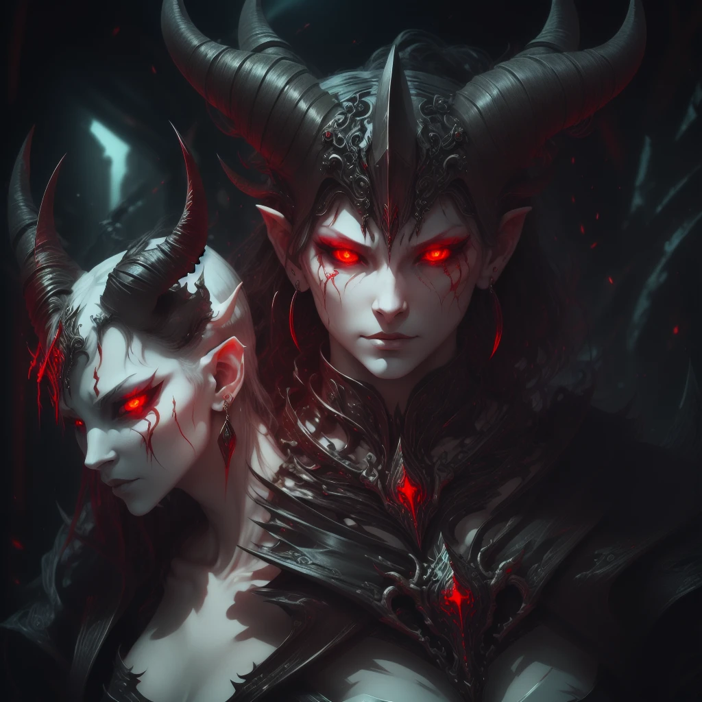 Demon with a human face, horns, and red forked tongue. White skin, red eyes and earrings.. with long, black claws.  