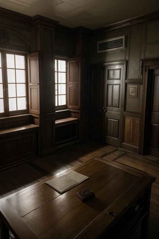 Prompt de Imagem: A gloomy room on the top floor of the mansion, with an old, dusty table where an old diary is open. Ana is reading the diary out loud, with her friends around her, visibly scared. In the dark hallway next to the room, a low, slurring sound is heard. The scene should include strange symbols on the walls and an open wooden box in the center of the basement., with a sinister porcelain doll inside.